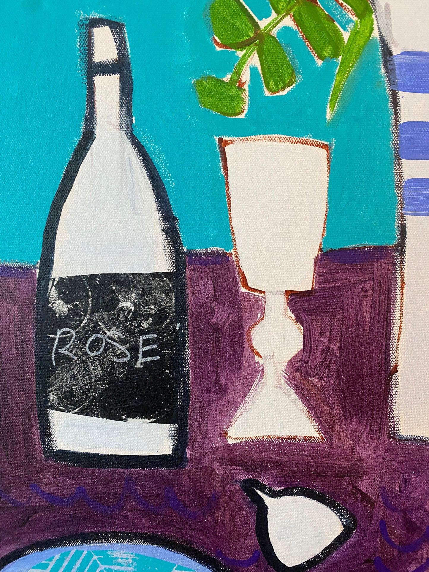 Floral Dinner for Two 18”x24” Teal and Purple / Wine and Glass / Fig / Original Art