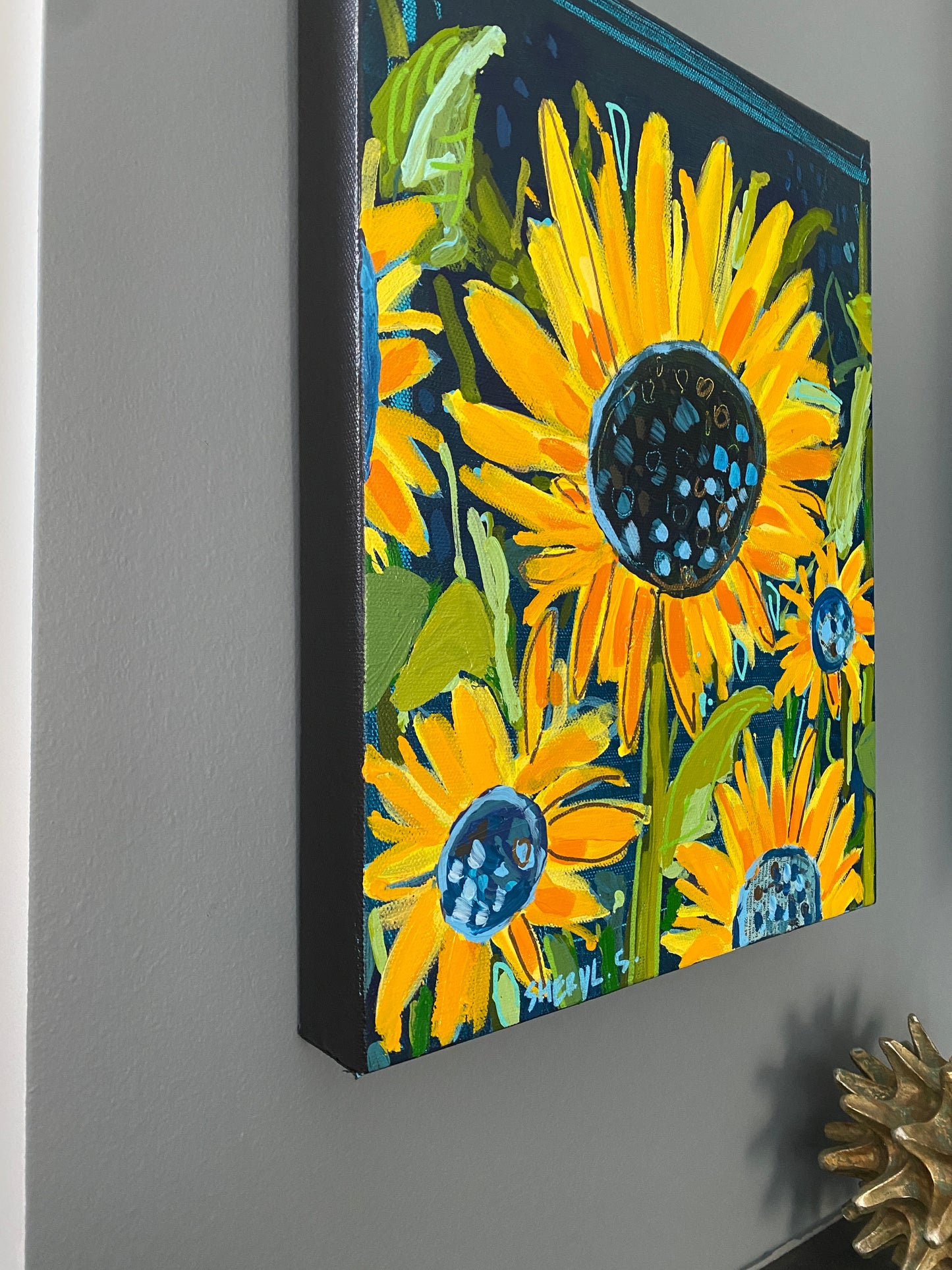 Sunflower Farm / Original Wall Art on Canvas / Navy Background/ 11”x14” Yellow and Orange