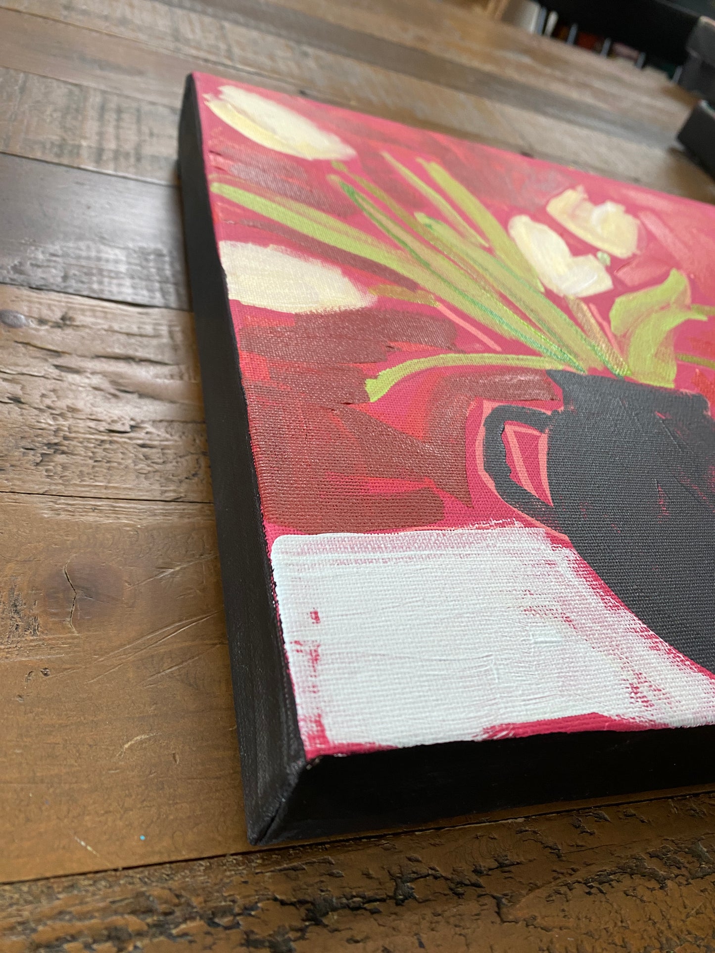 Yellow Tulips on Red / Original Wall Art on Canvas / 12"x12" /