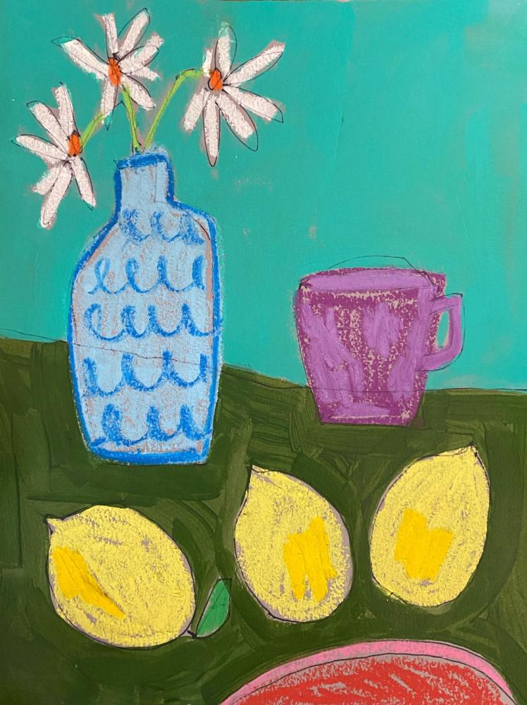 Original Wall Art Daisy’s and Lemons / Modern Floral Wall Art / 9"x12" on paper