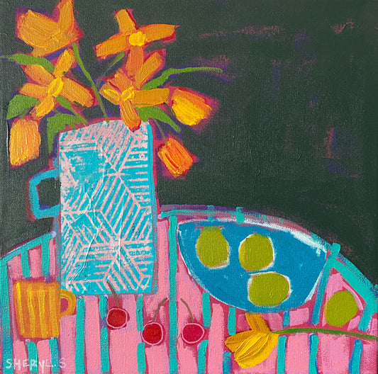 Orange Blooms with Limes and Cherries/ Still Life Original Painting 16”x16”