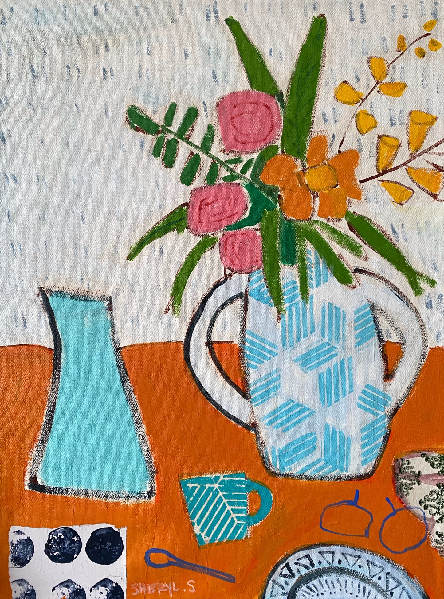 Floral with White Vase on Orange / 18”x24” / Original Painting on Canvas