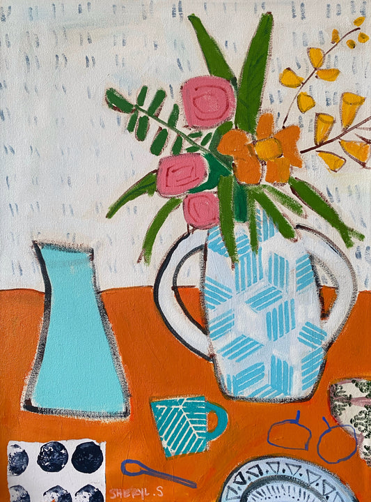 Floral with White Vase on Orange / 18”x24” / Original Painting on Canvas