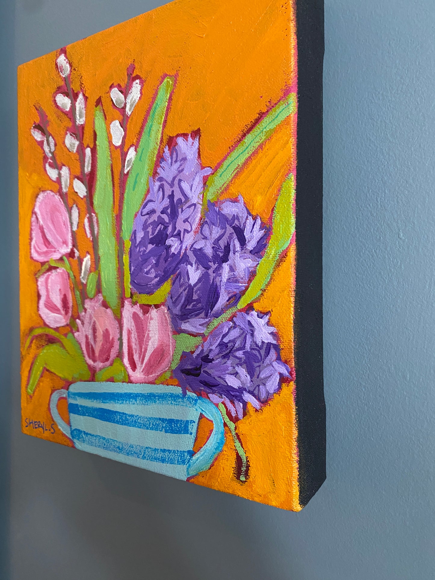 Original Wall Art/ Botanical / Tulips and Hyacinths on Orange