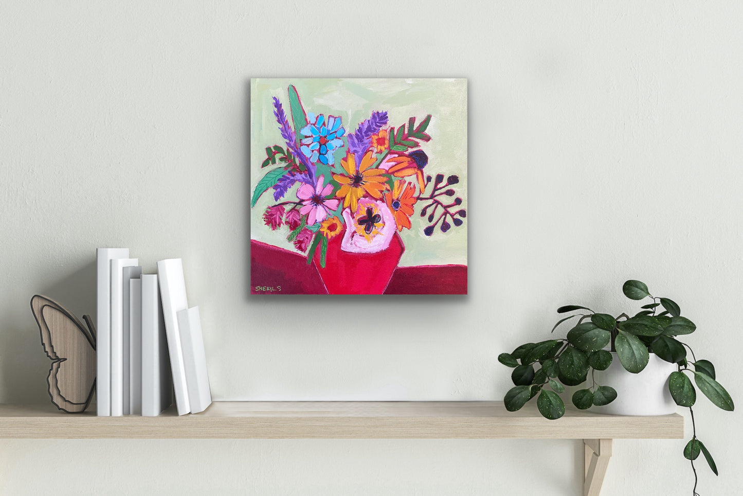 Original Wall Art / Cut Flowers in a Red Vase / Green Blue Purple / Modern Floral