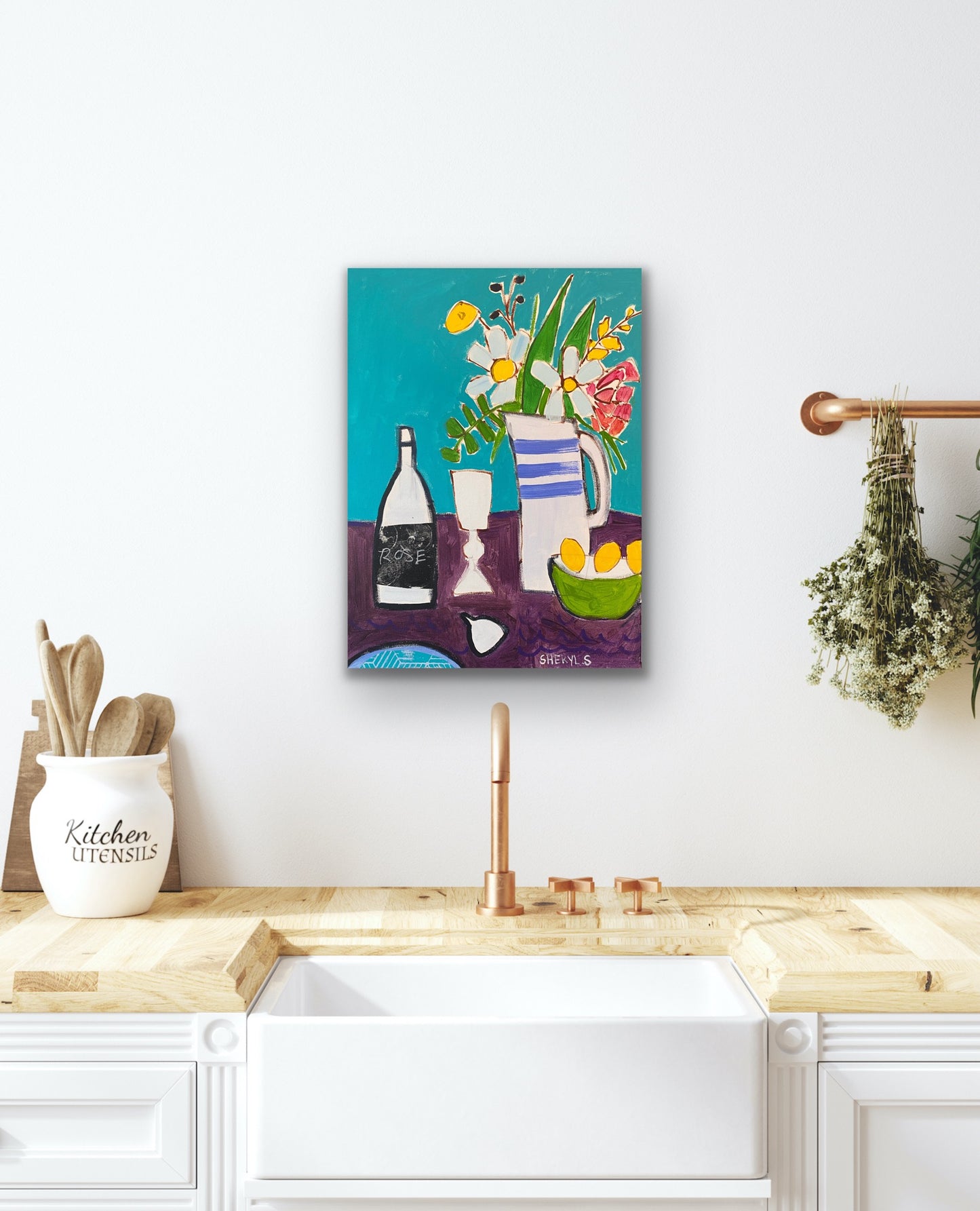 Floral Dinner for Two 18”x24” Teal and Purple / Wine and Glass / Fig / Original Art