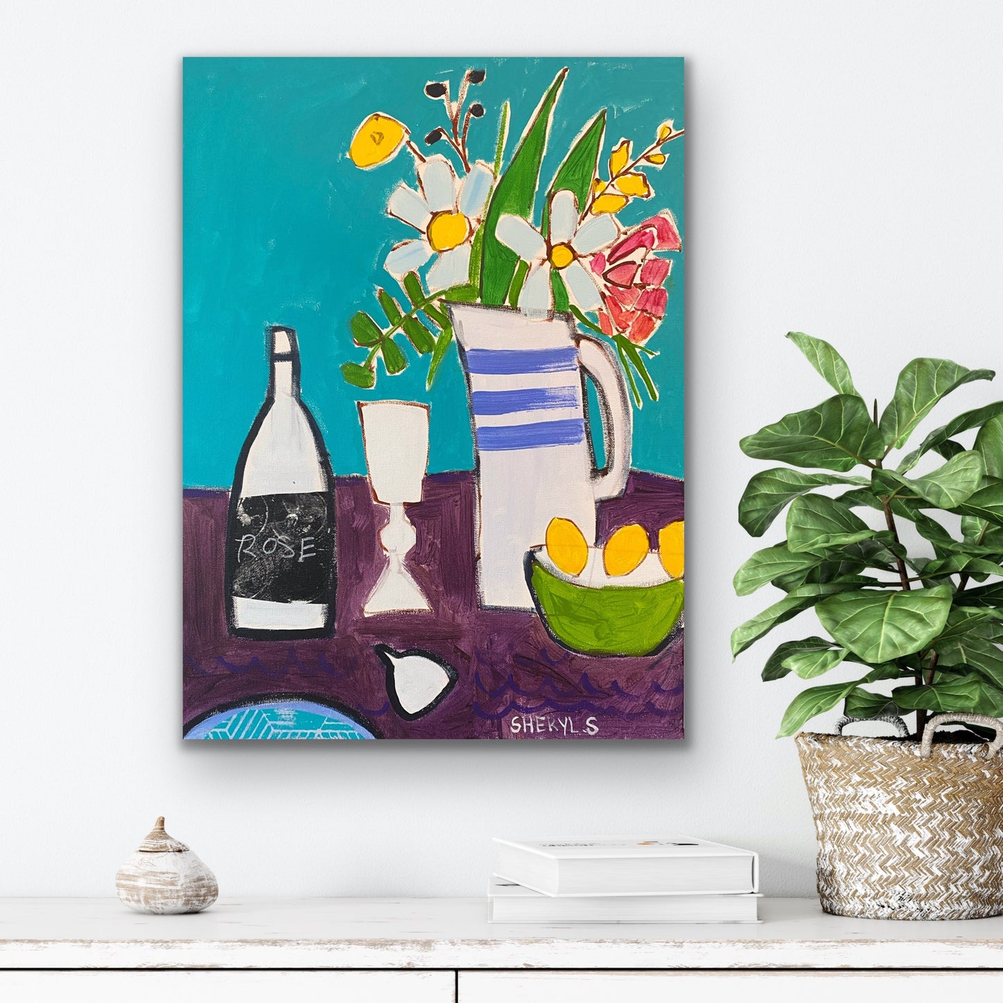 Floral Dinner for Two 18”x24” Teal and Purple / Wine and Glass / Fig / Original Art