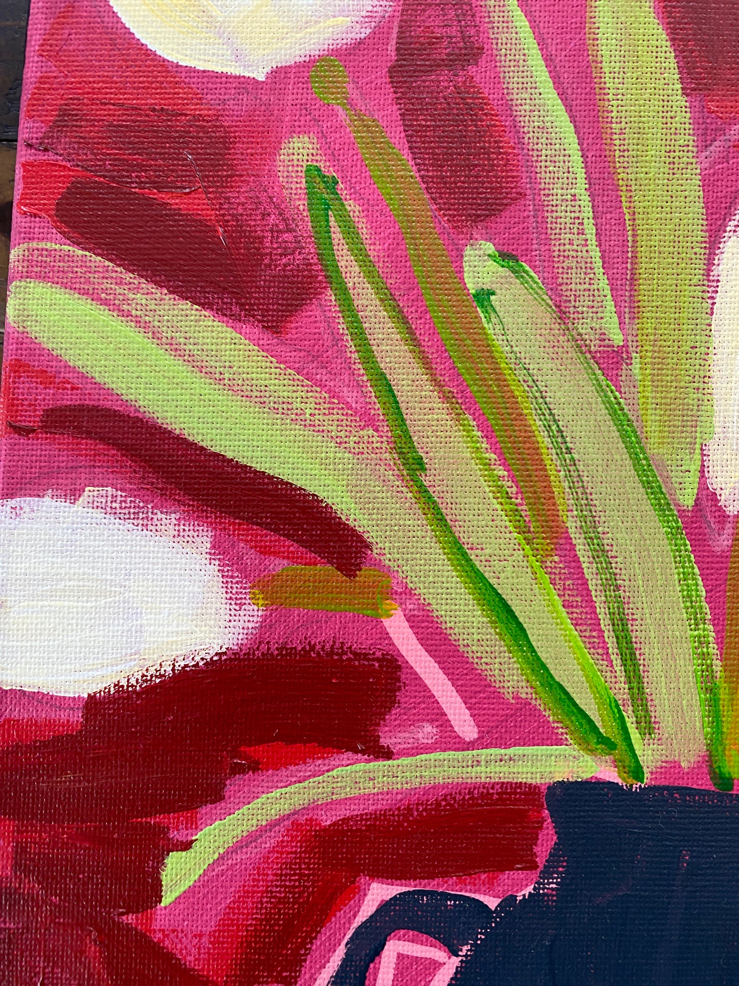 Yellow Tulips on Red / Original Wall Art on Canvas / 12"x12" /
