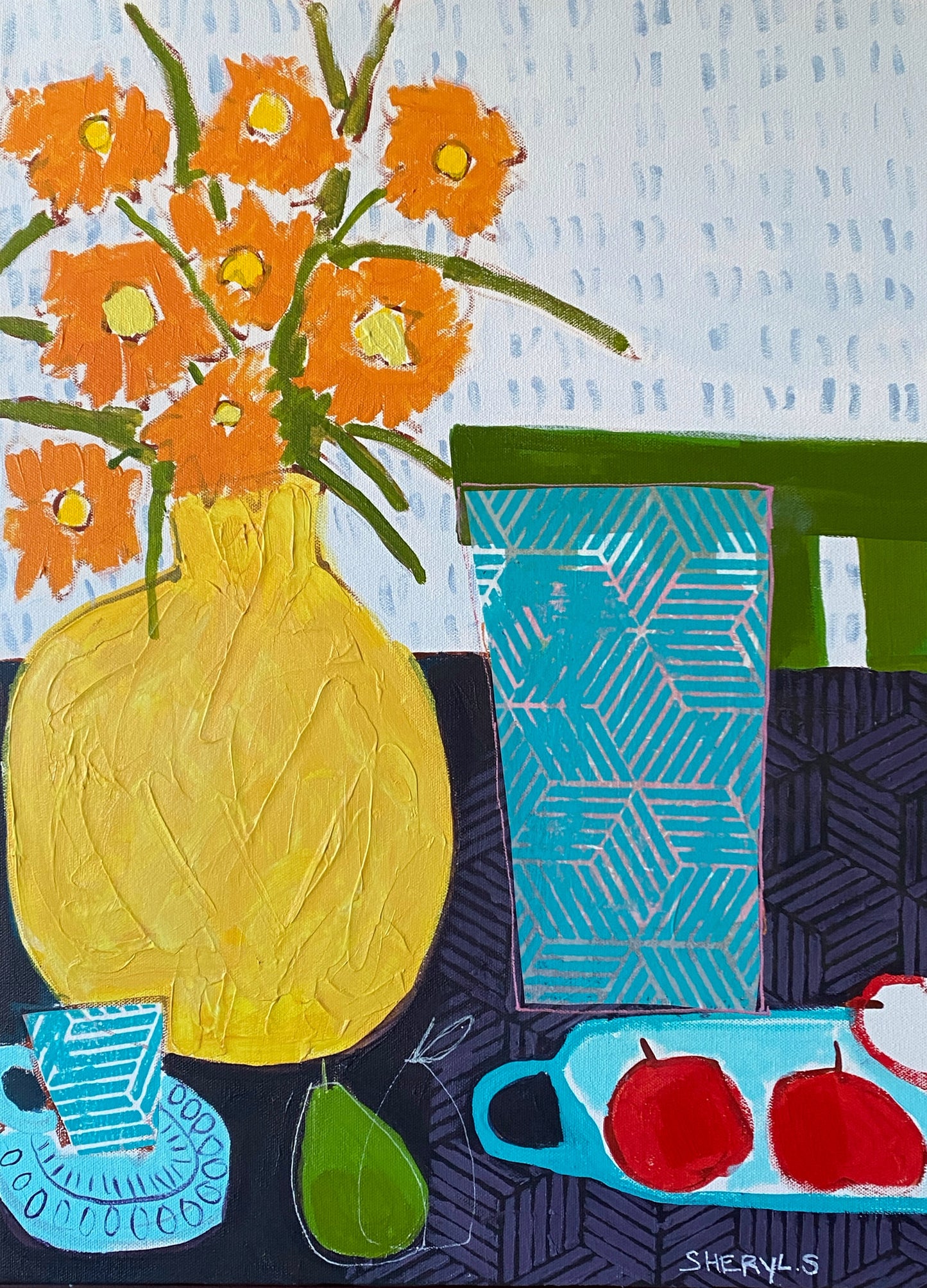 Burst of Orange Flowers / Original Still Life Wall Art / Apples with Teacup and Pear