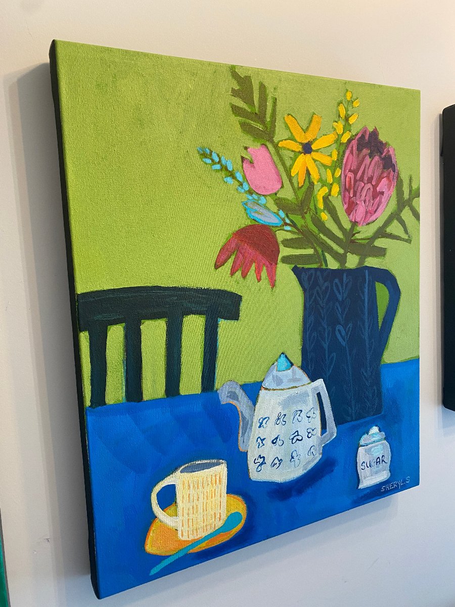 Original Wall Painting/ Afternoon Tea With Protea Flower/ 20”x24”