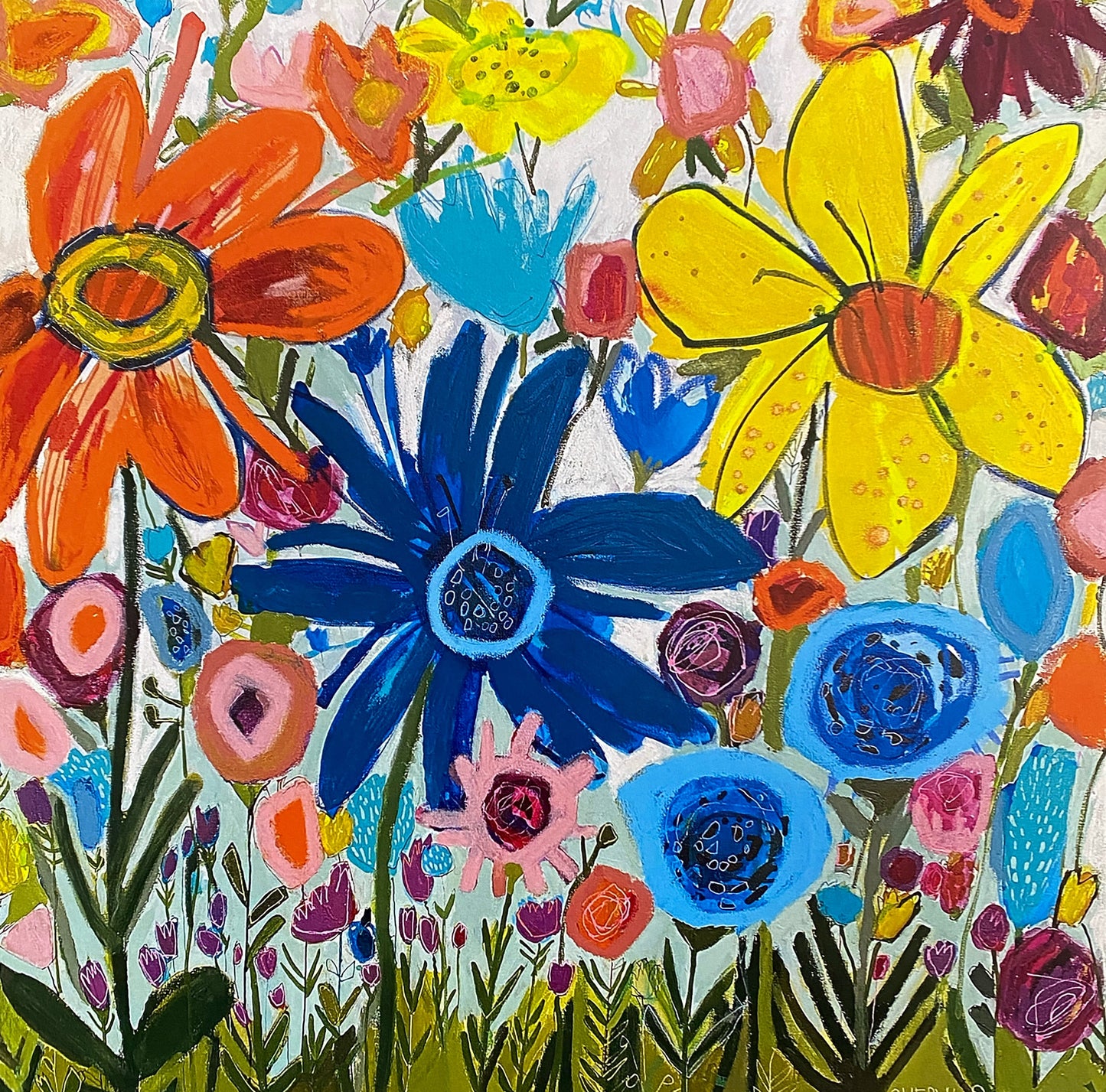 Fine Art Prints 12”x12” Afternoon in The Garden / Burst of Colourful Flowers / Orange Blue and Yellow