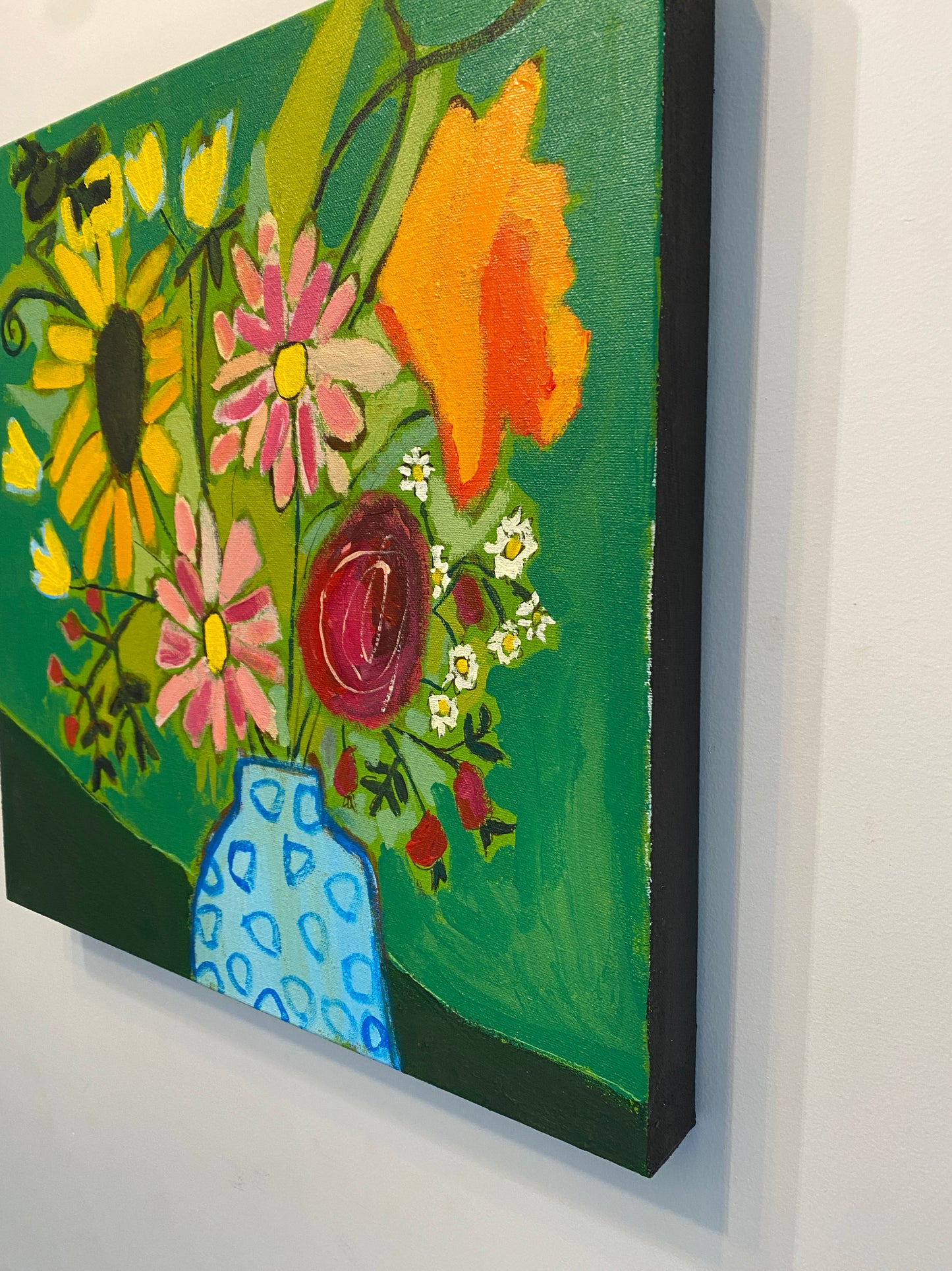 Orignal Wall Art / Fresh Cut Flowers in Green / Blue Vase With Flowers / Yellow Orange Pink /