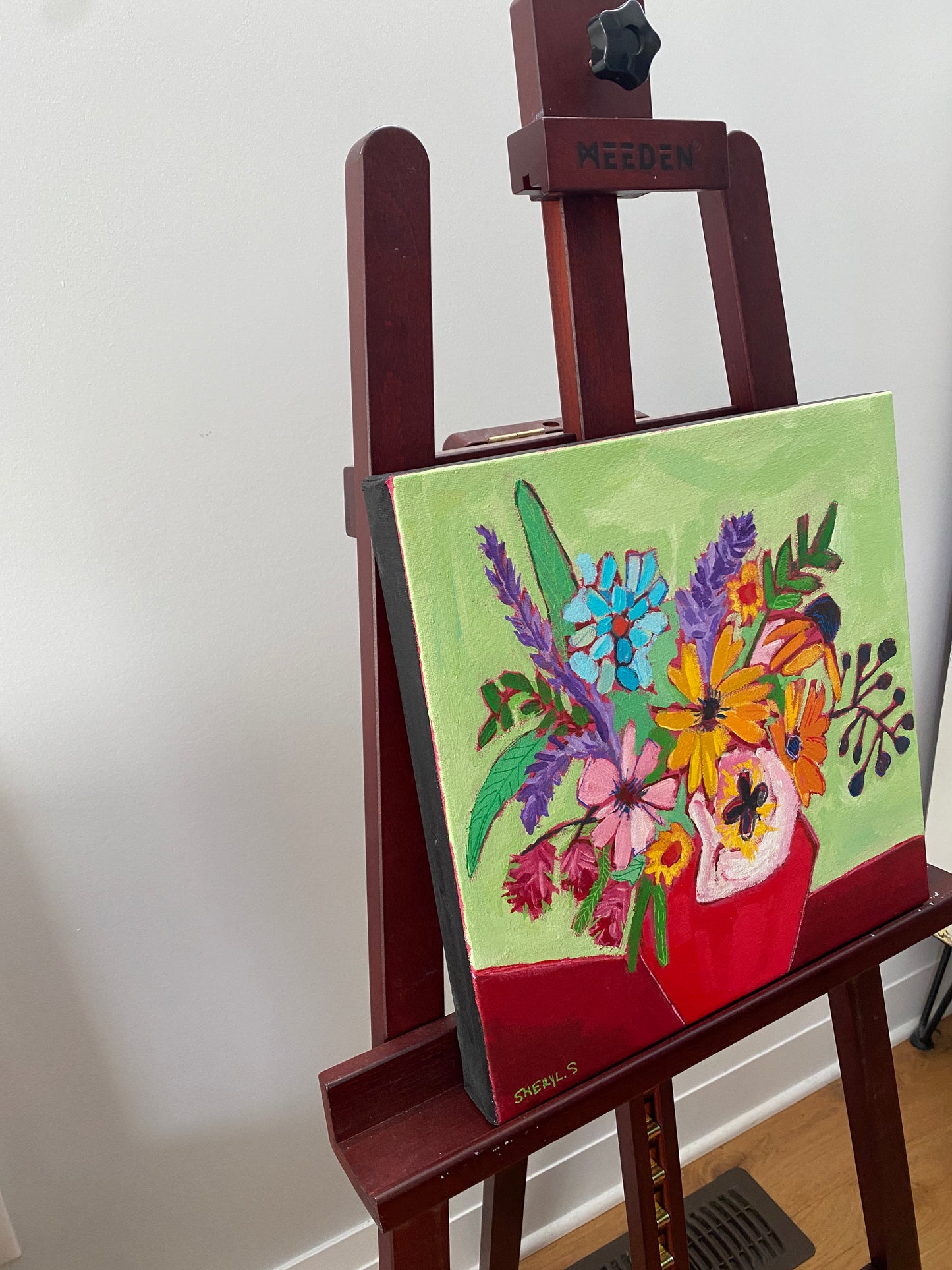 Original Wall Art / Cut Flowers in a Red Vase / Green Blue Purple / Modern Floral