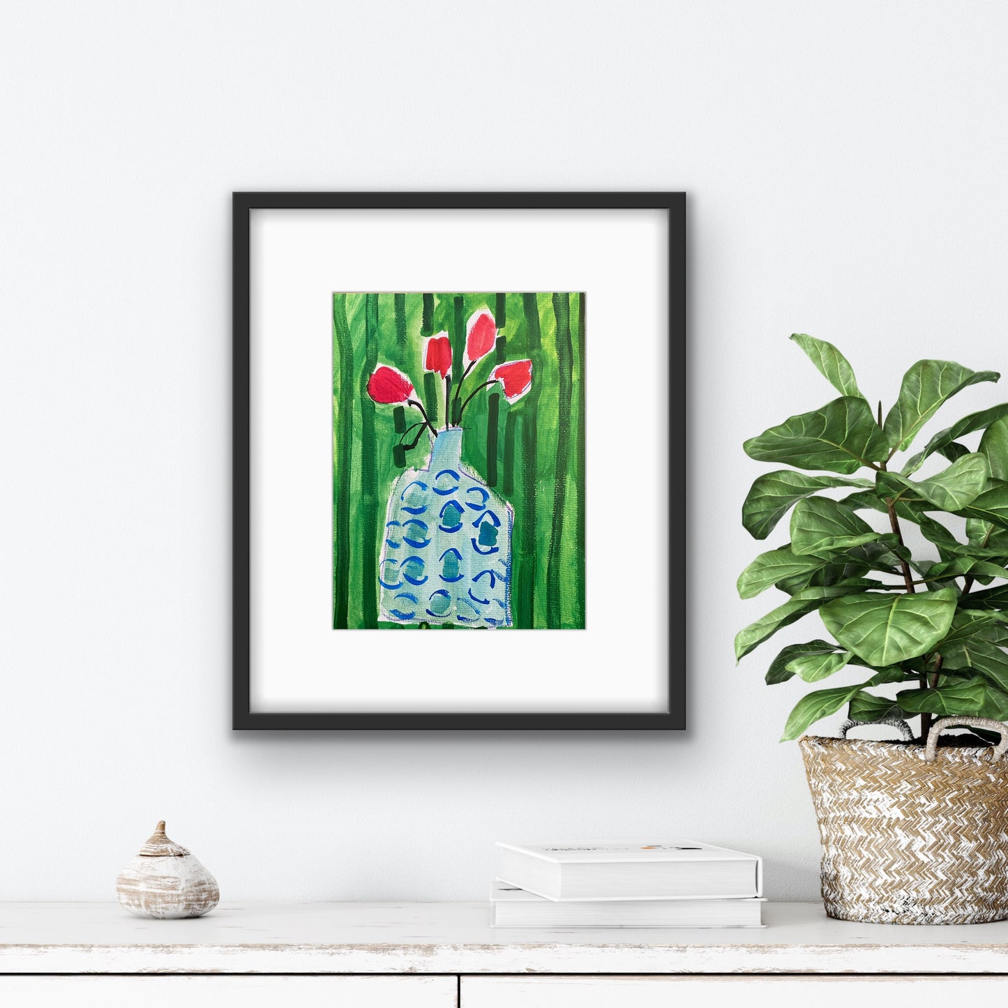 Fine Art Print / Blue Vase on Green Striped Wallpaper  9”x12”