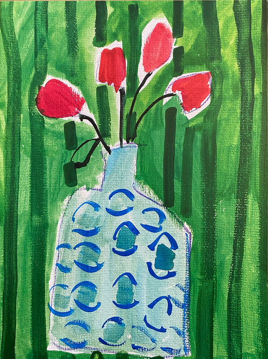 Fine Art Print / Blue Vase on Green Striped Wallpaper  9”x12”