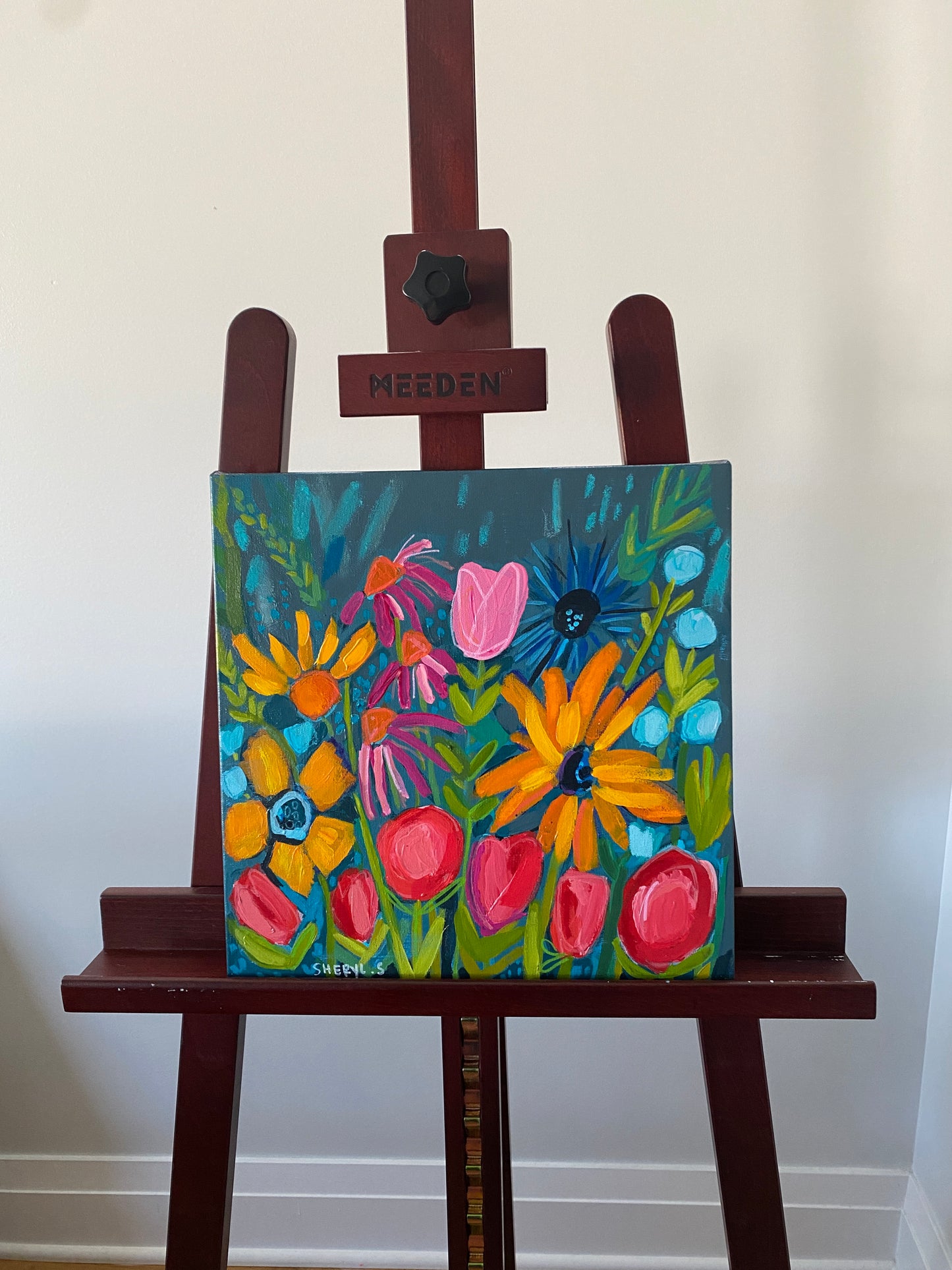 Original Art / New Growth 2 / Vibrant Modern Flowers / Slate Grey