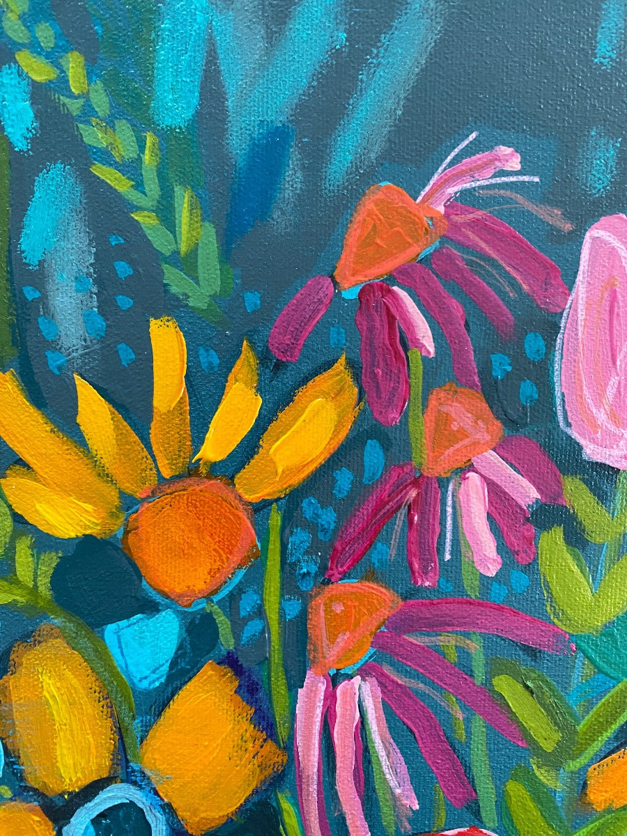 Original Art / New Growth 2 / Vibrant Modern Flowers / Slate Grey