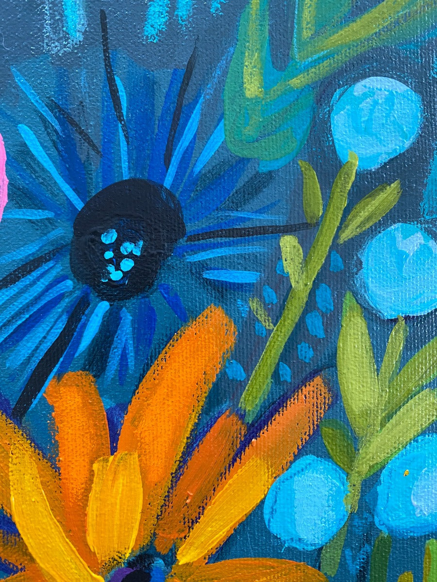 Original Art / New Growth 2 / Vibrant Modern Flowers / Slate Grey
