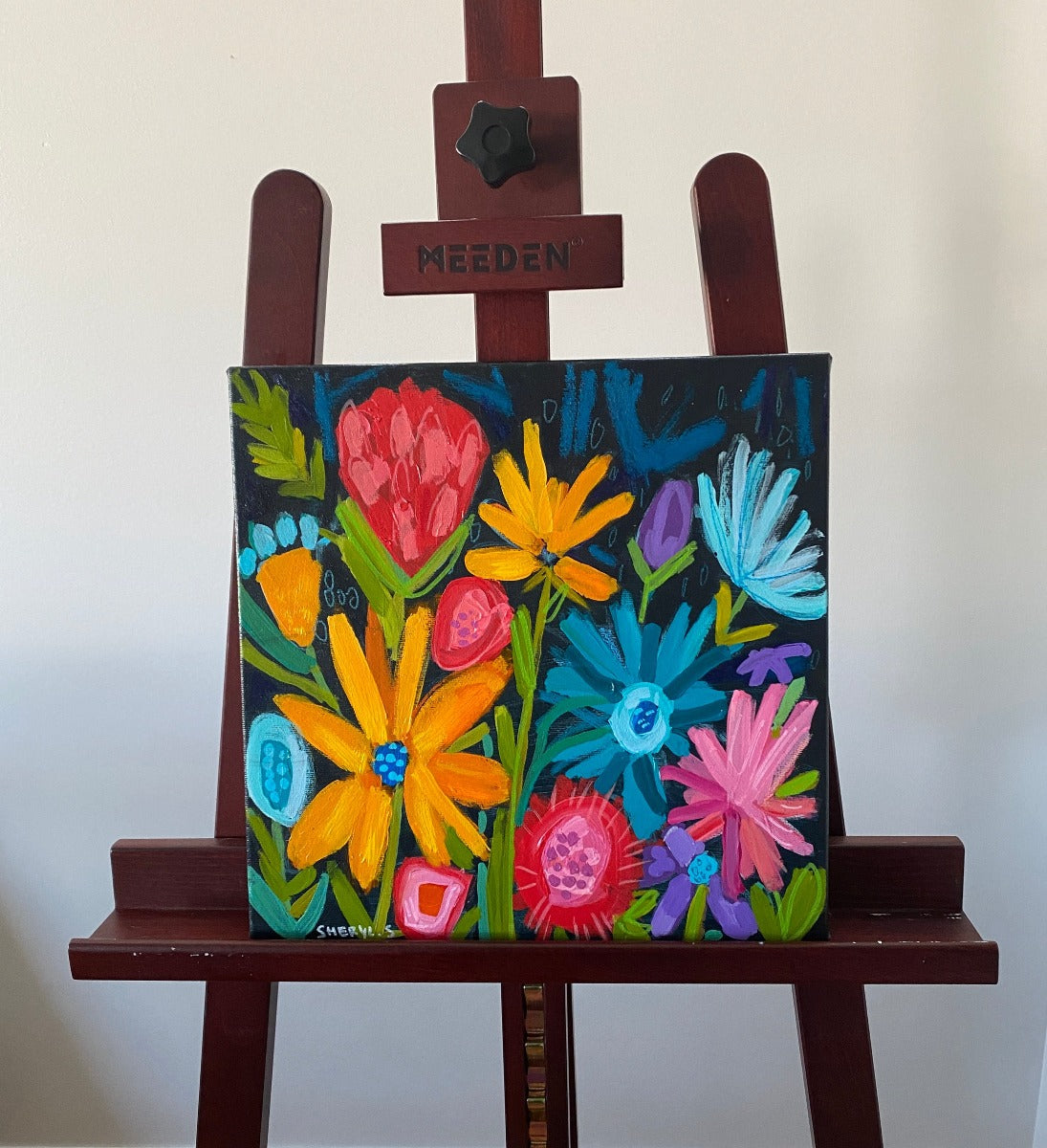 Original Art / New Growth 1 / Botanical / Black Background Yellow Red Pink Blue Flowers