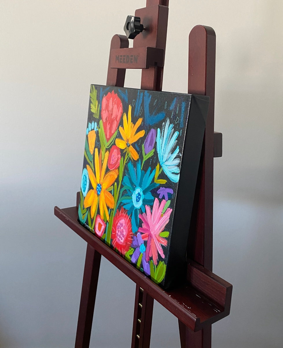 Original Art / New Growth 1 / Botanical / Black Background Yellow Red Pink Blue Flowers