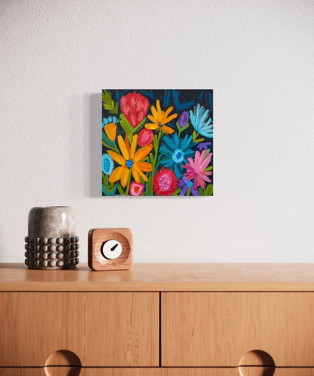 Original Art / New Growth 1 / Botanical / Black Background Yellow Red Pink Blue Flowers