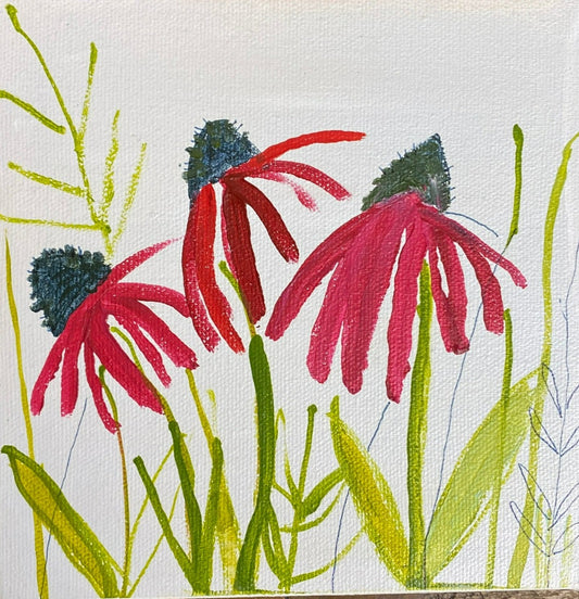 Original Art / Cone Flower / Wall Art on Canvas / Botanical Fowers / Red and Lime Green / Small Art