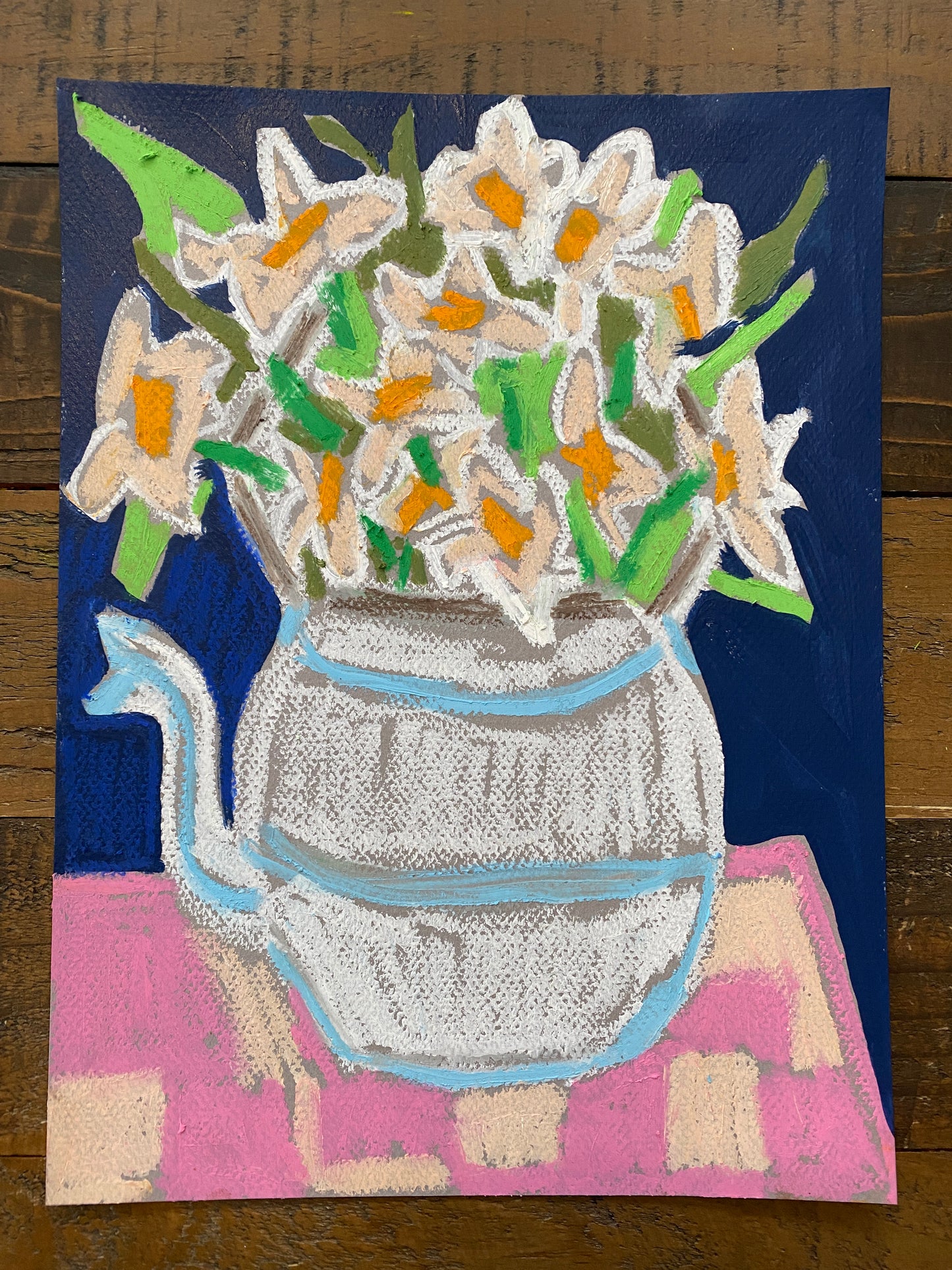Flowers in a Teapot / Original Mixed Media / Pink / Navy Blue / Green / White ORIGINAL on paper