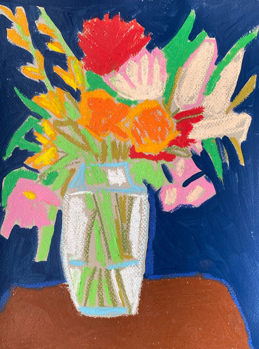 Floral on Navy and Brown / Vase  / 12”x9” inches in paper/ oil pastel and acrylic ORIGINAL art on Paper