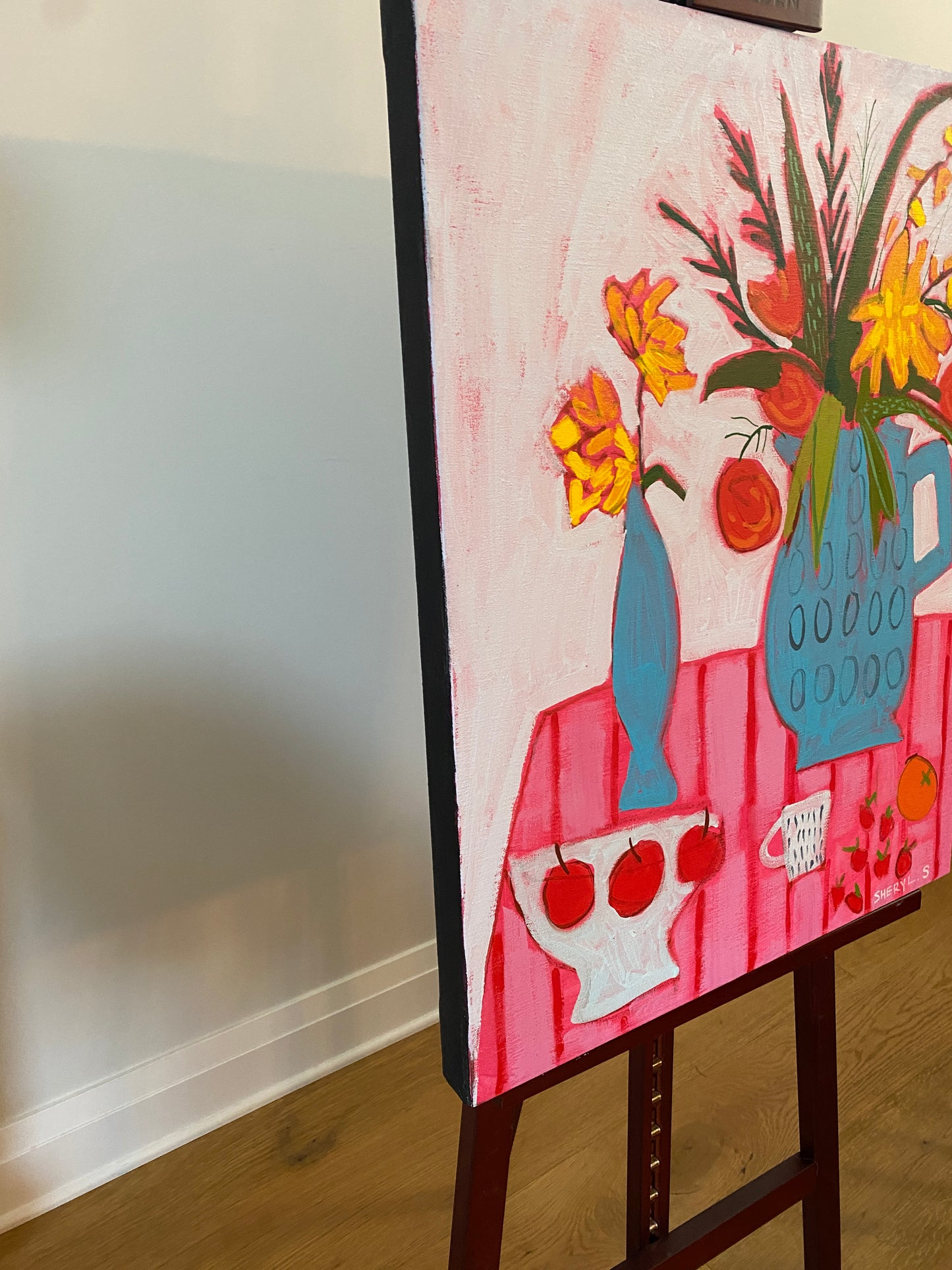 Floral with Apples and Strawberries 22”x28” / Vase with Flowers / Pink and Red Stripes