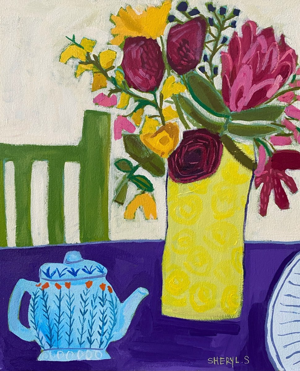 Original Art / Afternoon Tea with Protea Flower / Canvas Acrylic Wall Art / Green Chair / Yellow Vase / Deep Red