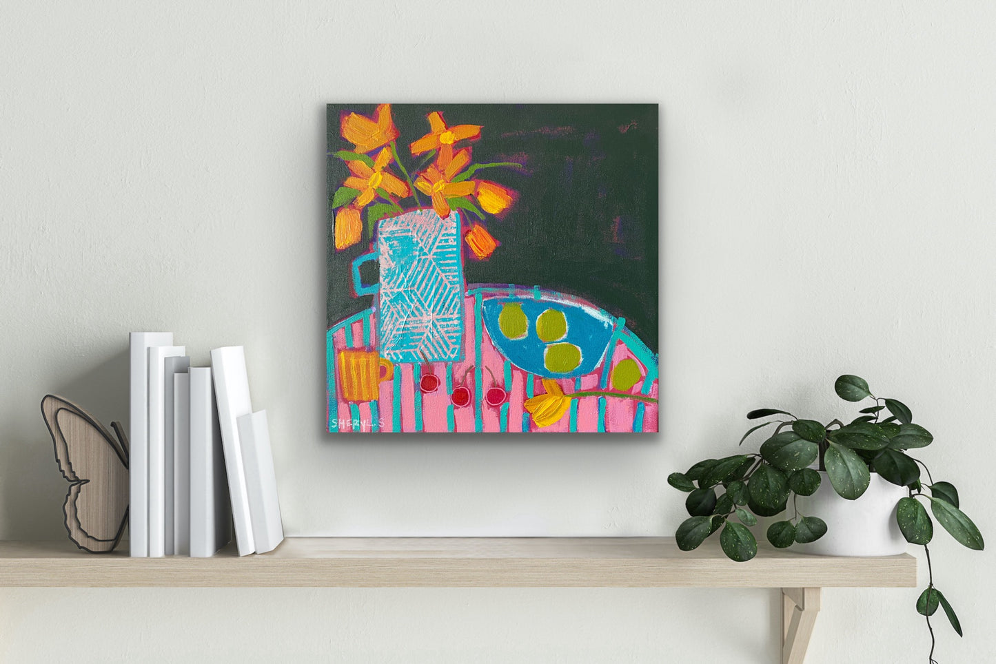 Orange Blooms with Limes and Cherries/ Still Life Original Painting 16”x16”