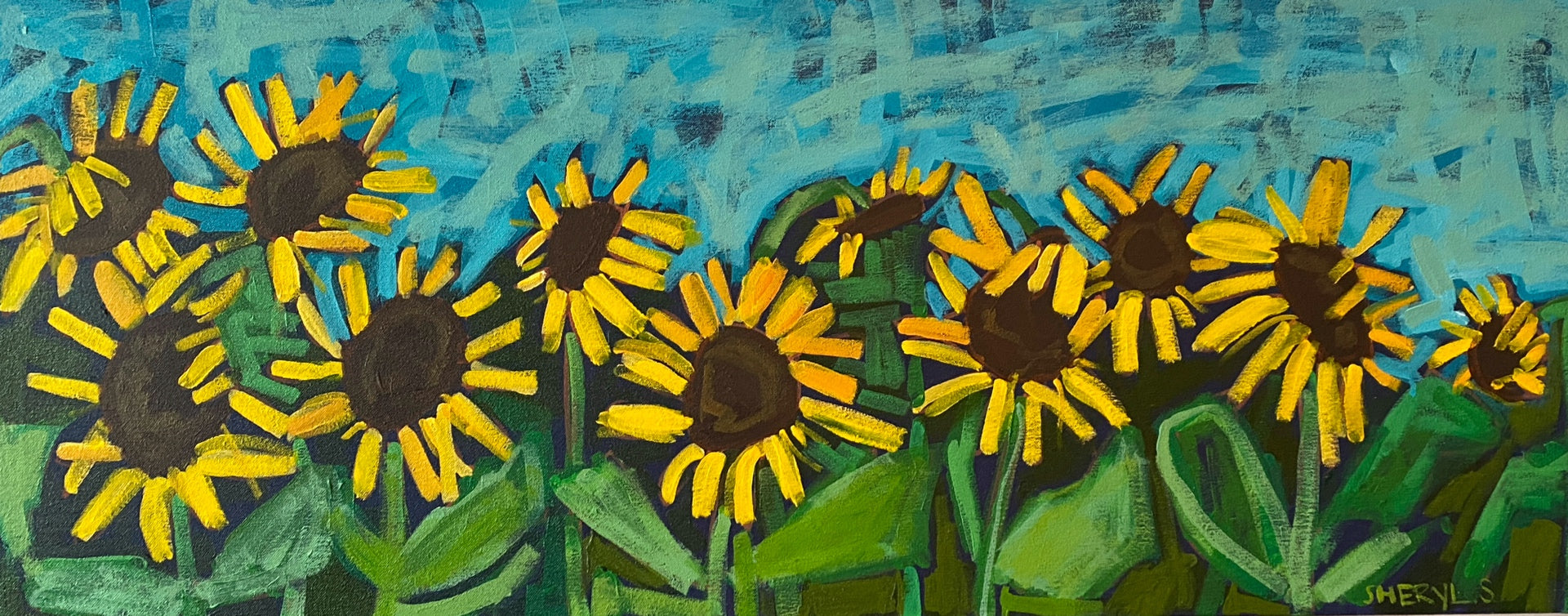 アート・デザイン・音楽 Painting acrylic on canvas A4 Sunflower on Teal / 16”x40” Horizontal Original Wall Art