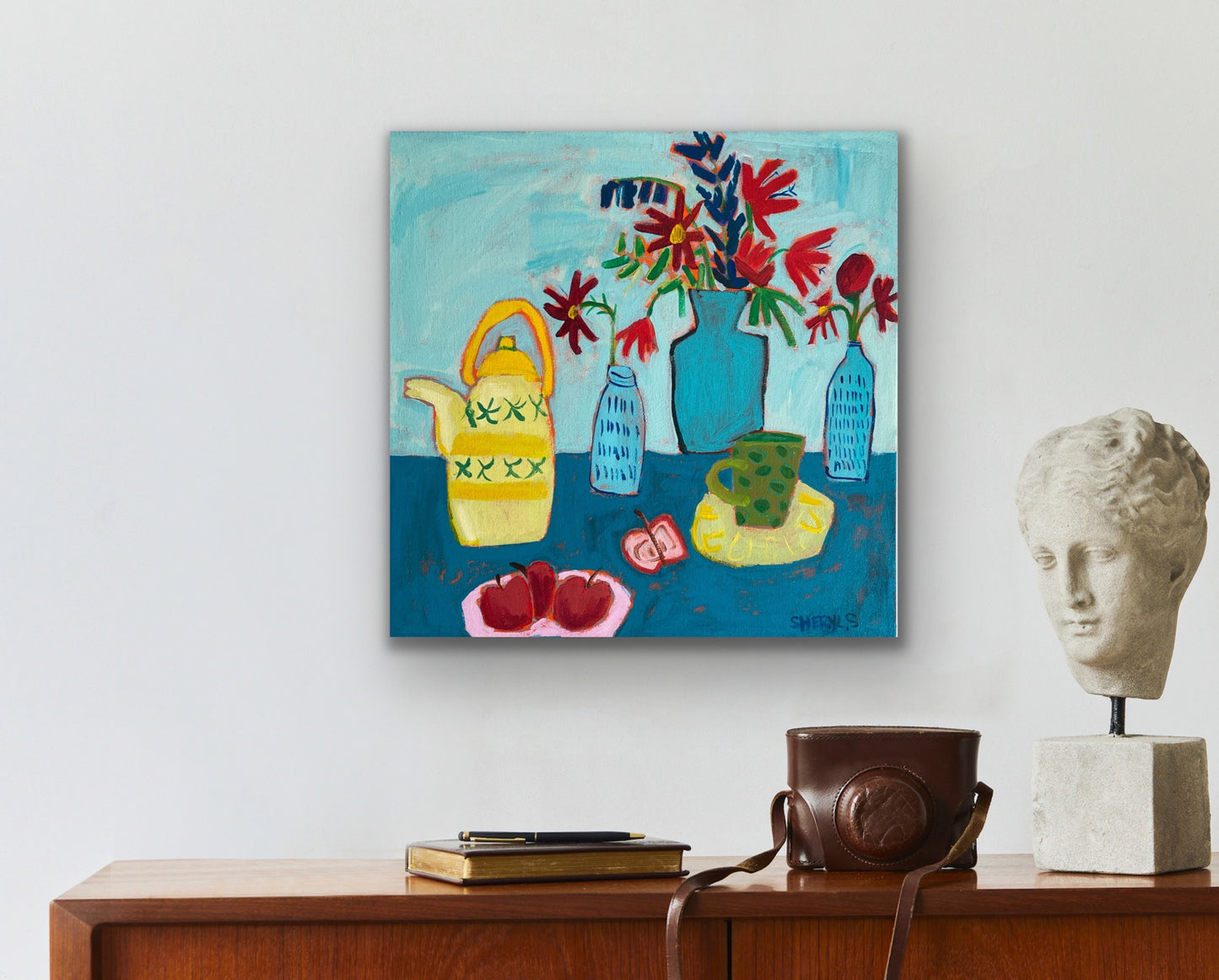 Original Wall Art/ Still Life / Apples On Teal / PAinting on Canvas