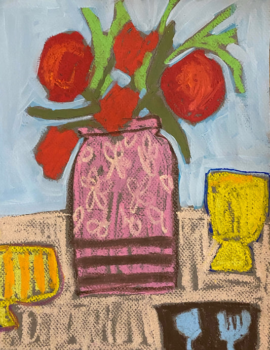 Roses in a Pink Vase / 9”x12” on paper