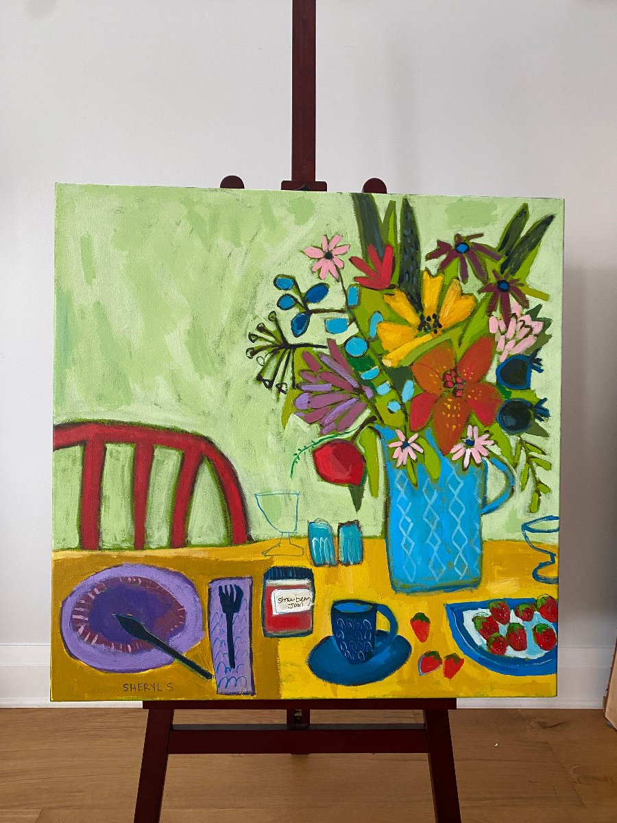 Mom’s Strawberry Jam Floral / 30”x30” Still Life Original Wall Art