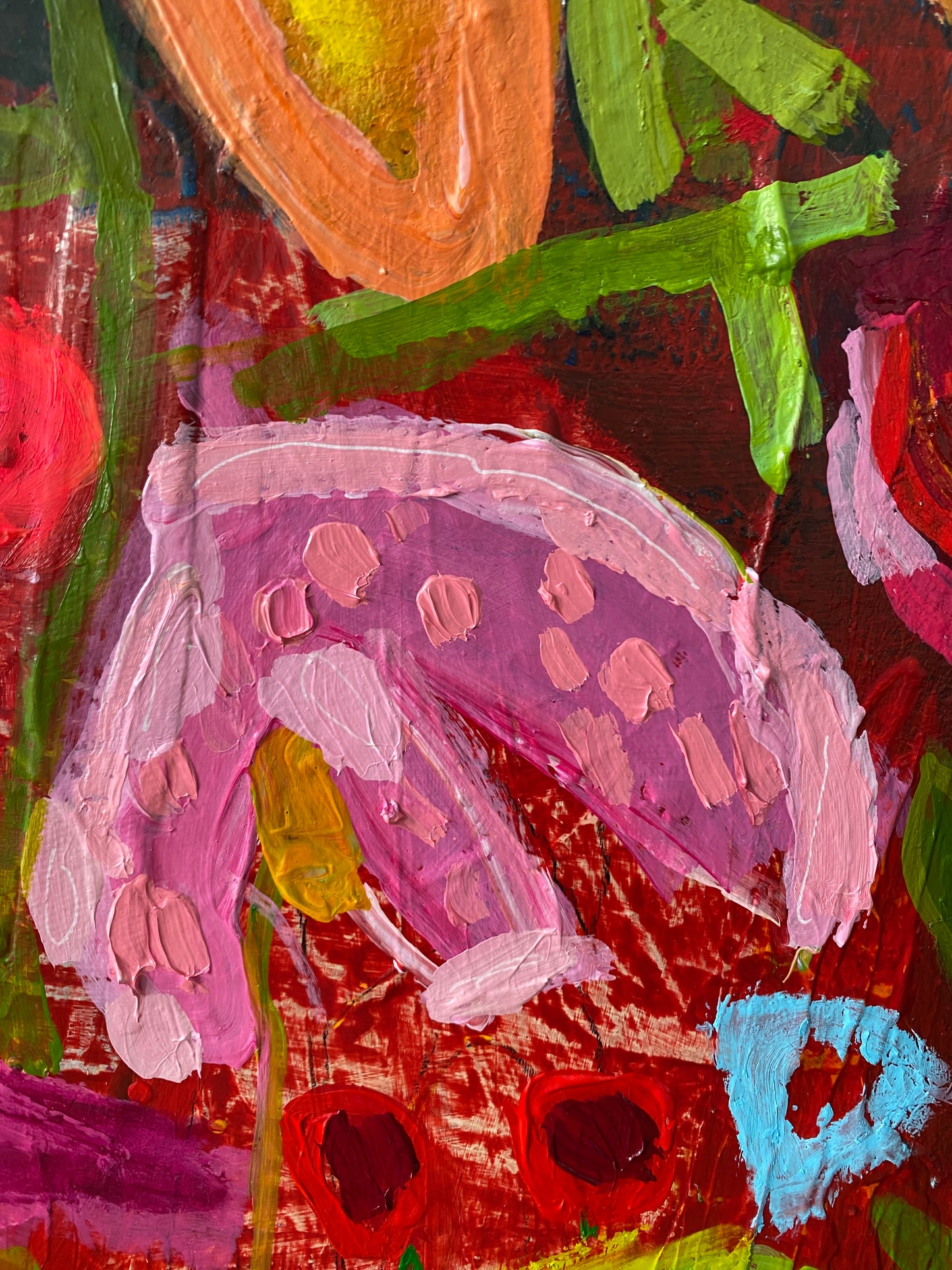 Original Art/ Plant a Seed / Warm Colours /Red Pink Orange / Abstract Botanical