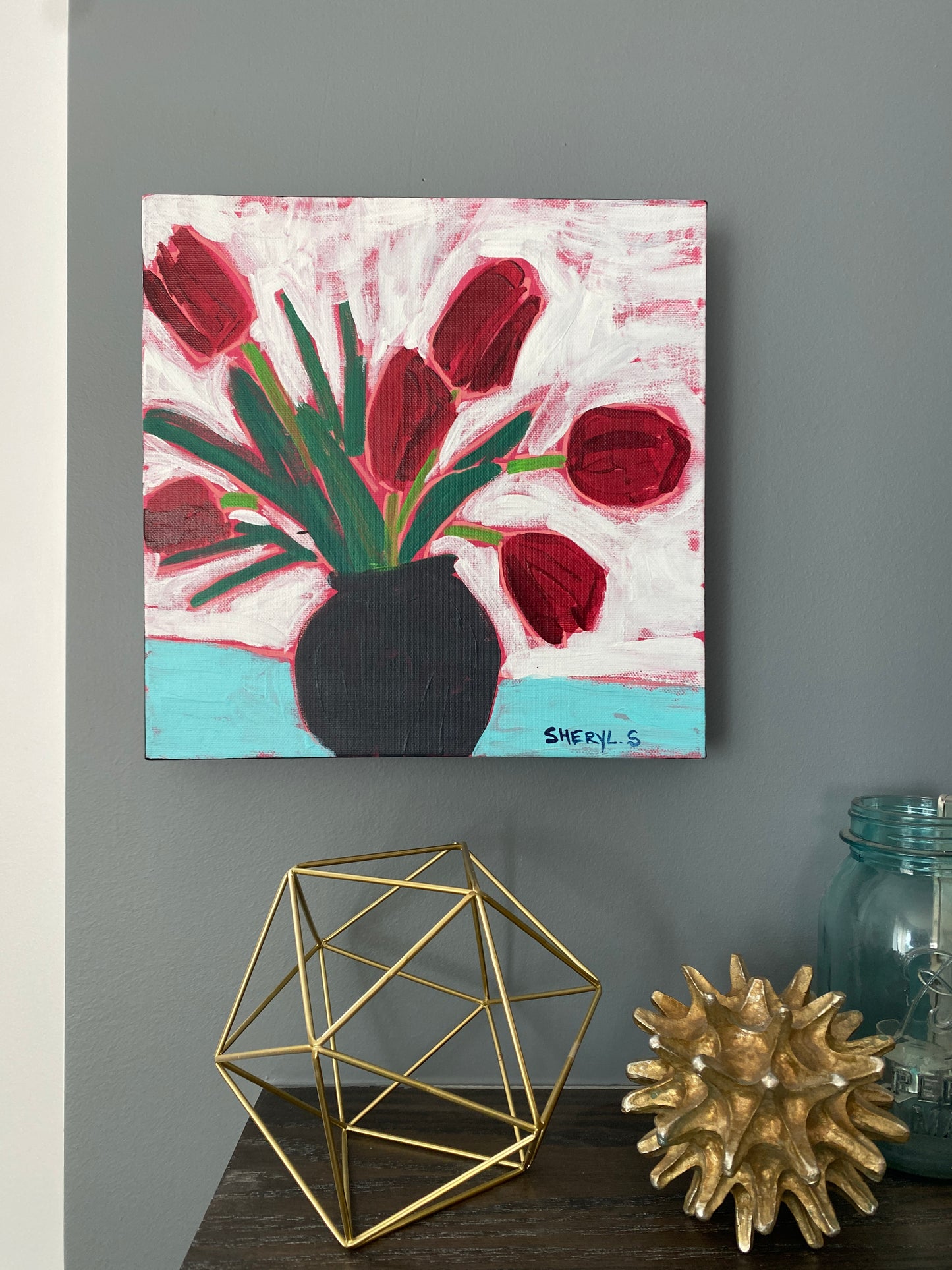 Red Tulips / Original Wall Art on Canvas 12”x12”  /