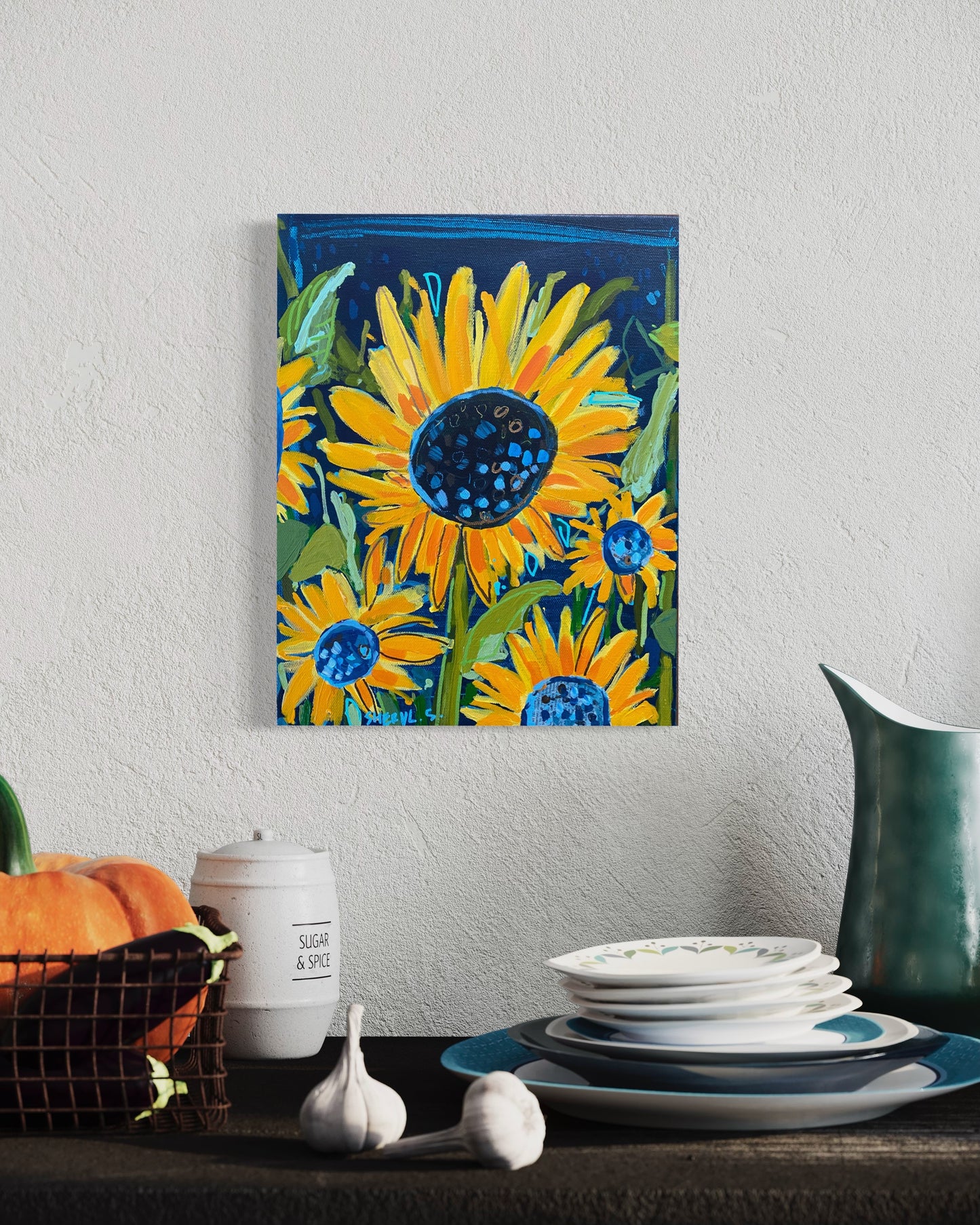 Sunflower Farm / Original Wall Art on Canvas / Navy Background/ 11”x14” Yellow and Orange