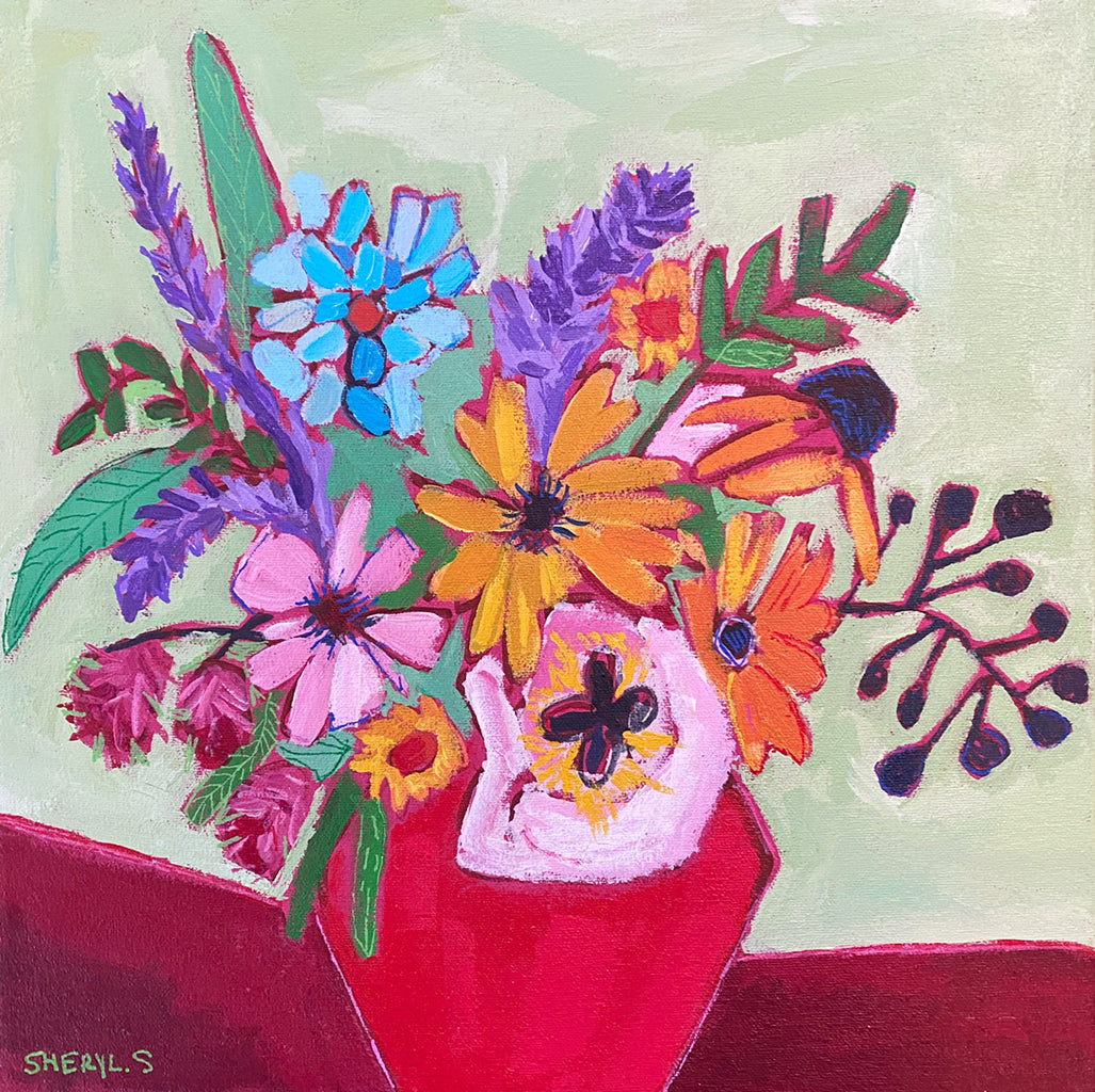 Original Wall Art / Cut Flowers in a Red Vase / Green Blue Purple / Modern Floral