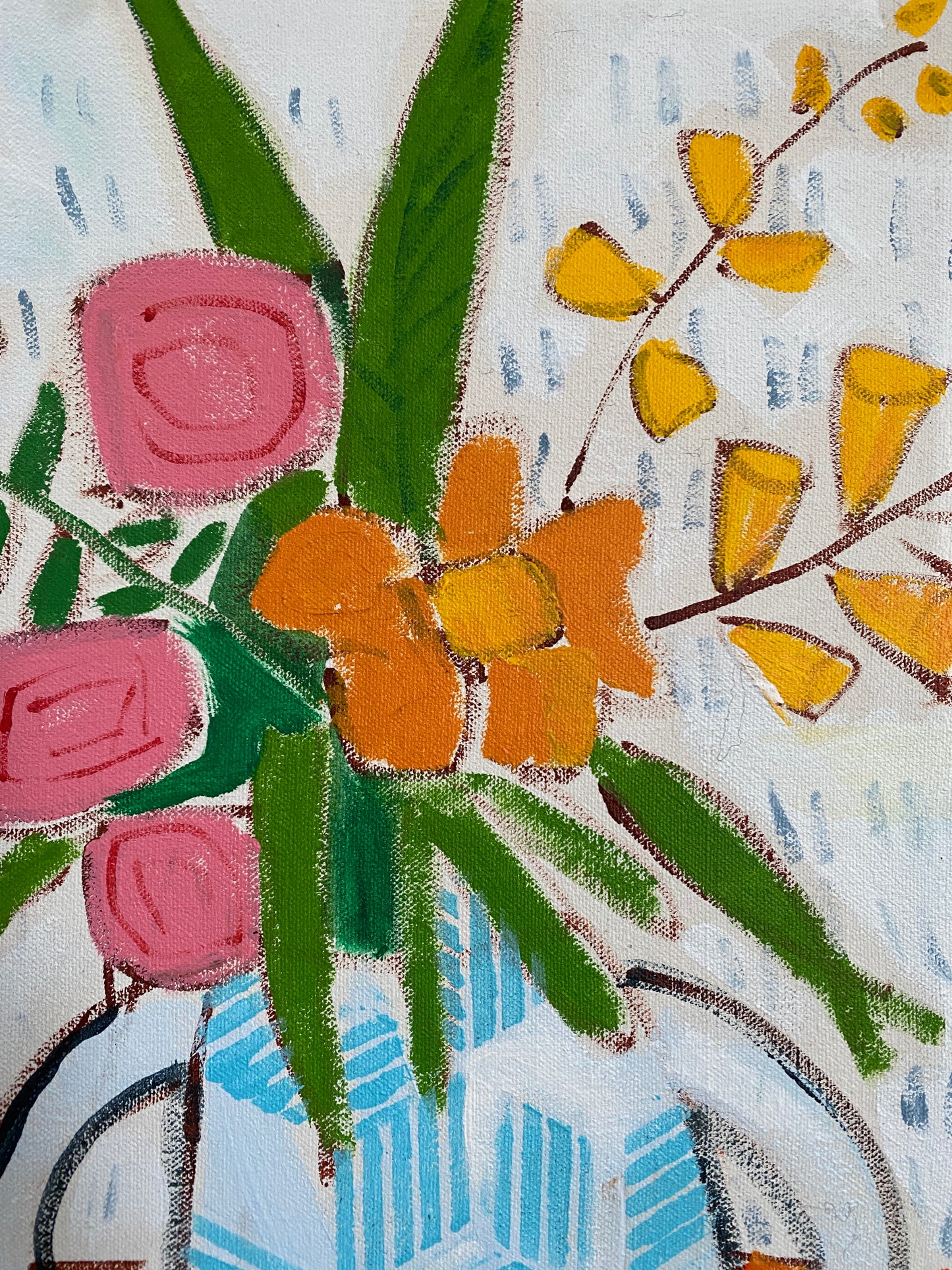 Floral with White Vase on Orange / 18”x24” / Original Painting on Canvas