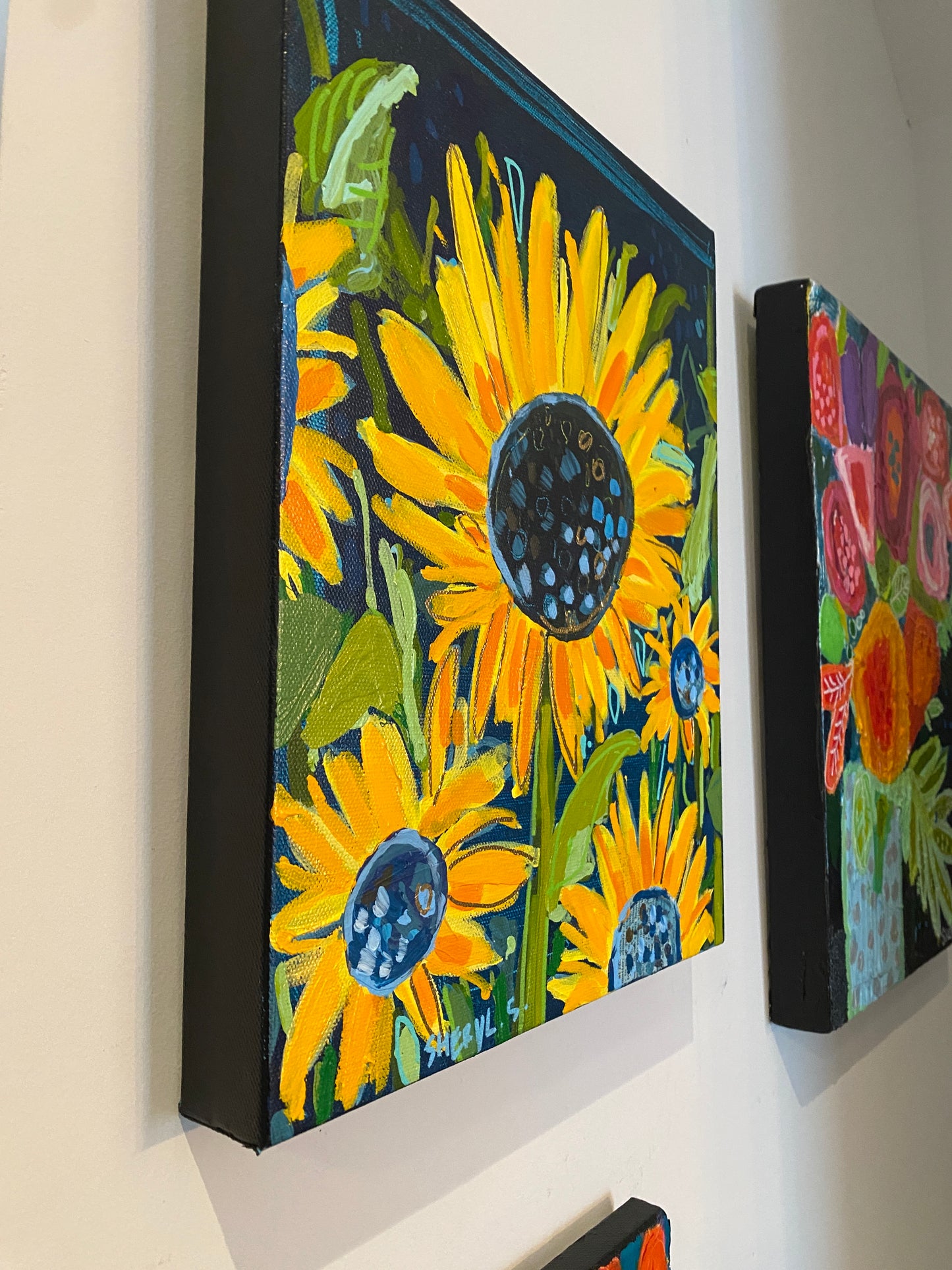 Sunflower Farm / Original Wall Art on Canvas / Navy Background/ 11”x14” Yellow and Orange