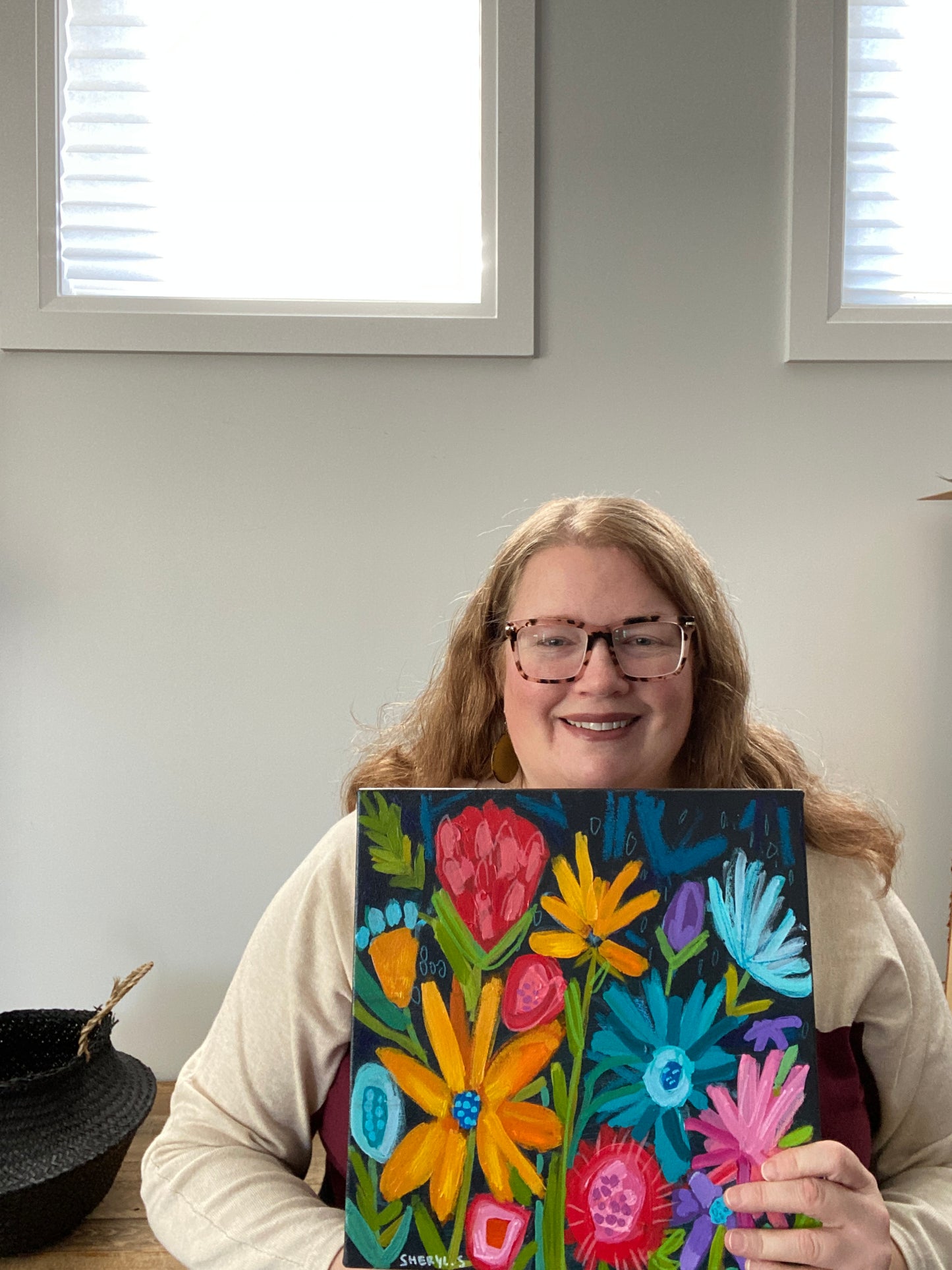 Original Art / New Growth 1 / Botanical / Black Background Yellow Red Pink Blue Flowers