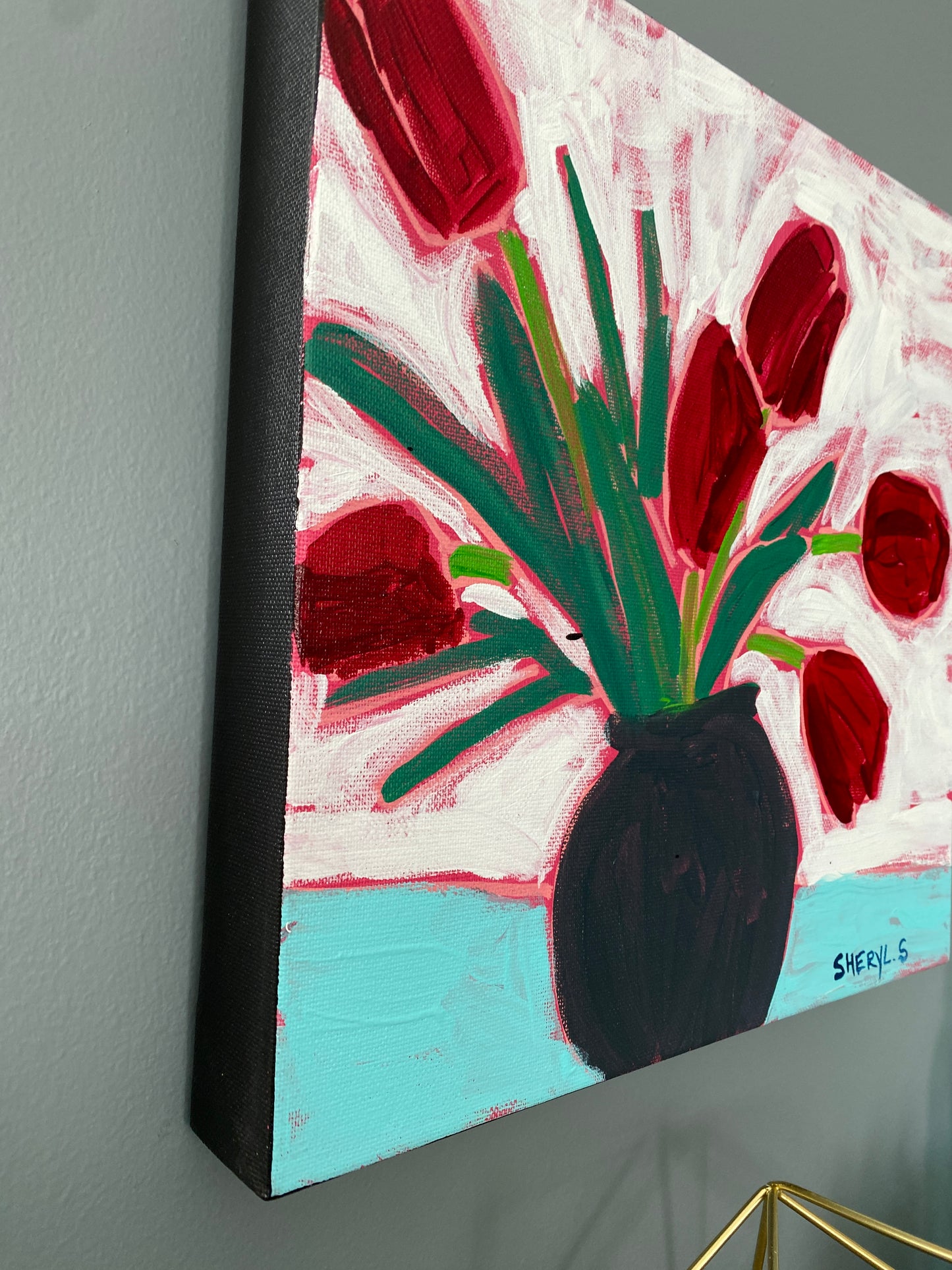 Red Tulips / Original Wall Art on Canvas 12”x12”  /