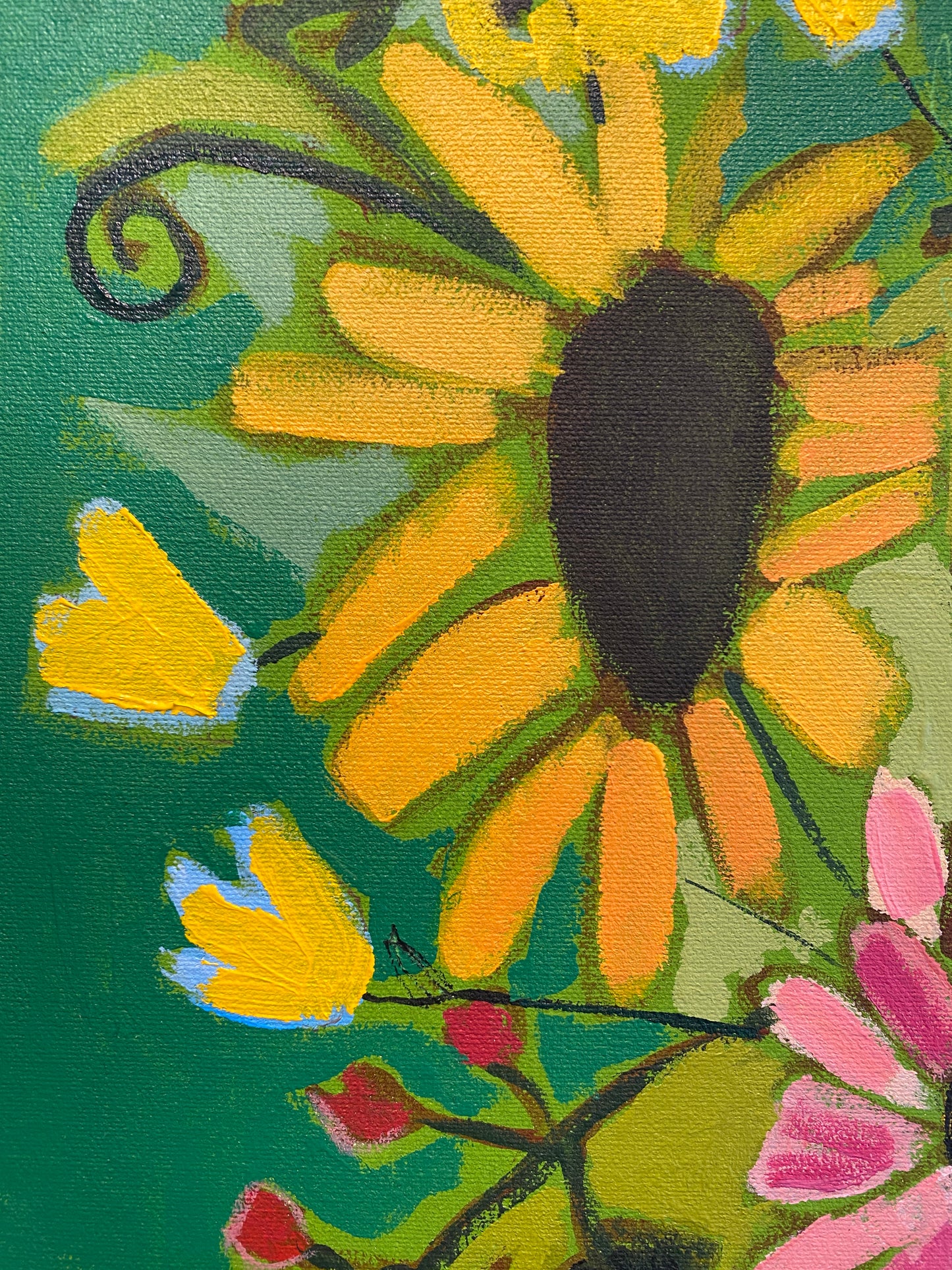 Orignal Wall Art / Fresh Cut Flowers in Green / Blue Vase With Flowers / Yellow Orange Pink /