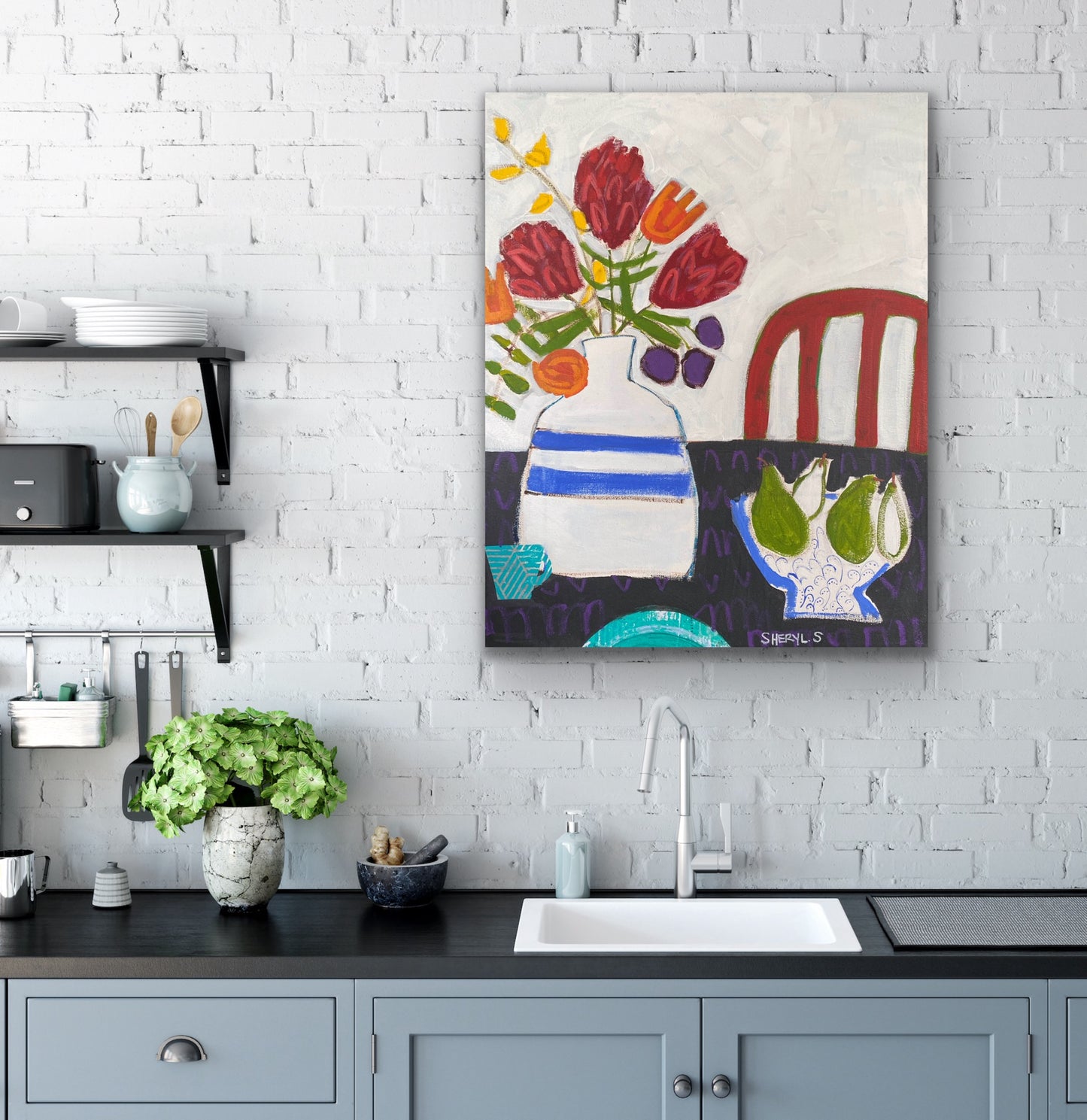 Protea on White 22”x28” /Red Chair / Bowl with Pears / Modern Floral Art for Sale on Canvas