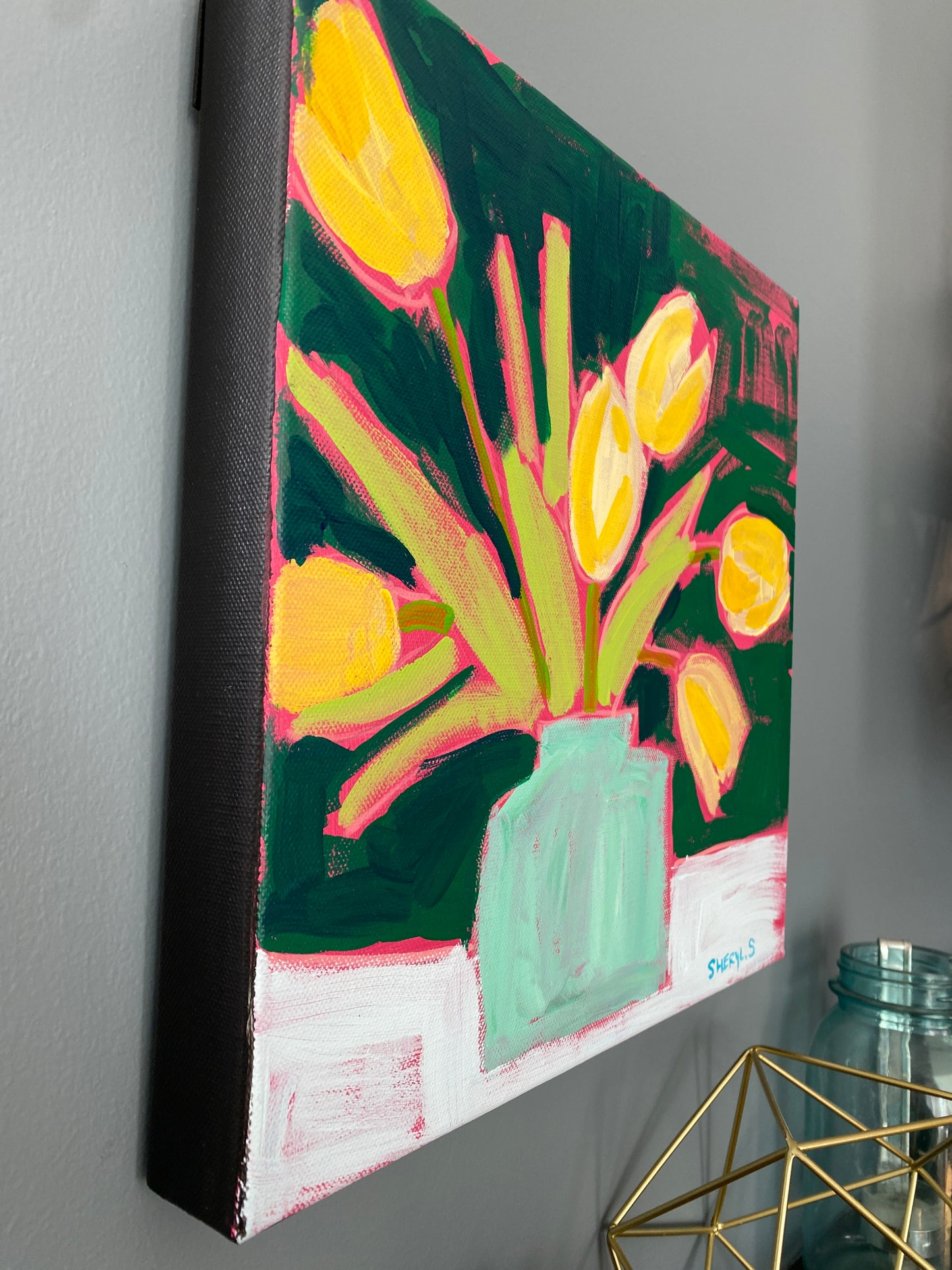 Yellow Tulips on Green / Original Wall Art on Canvas / Modern Florals
