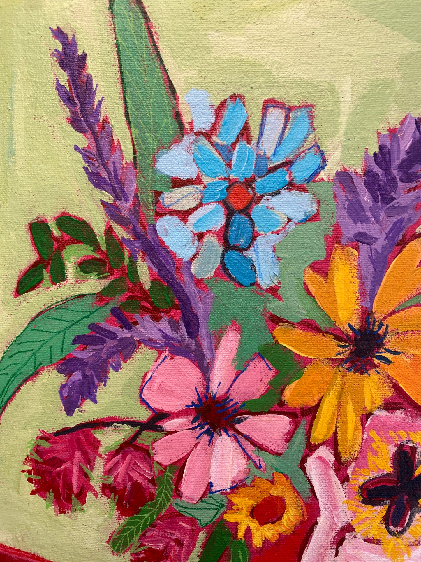 Original Wall Art / Cut Flowers in a Red Vase / Green Blue Purple / Modern Floral