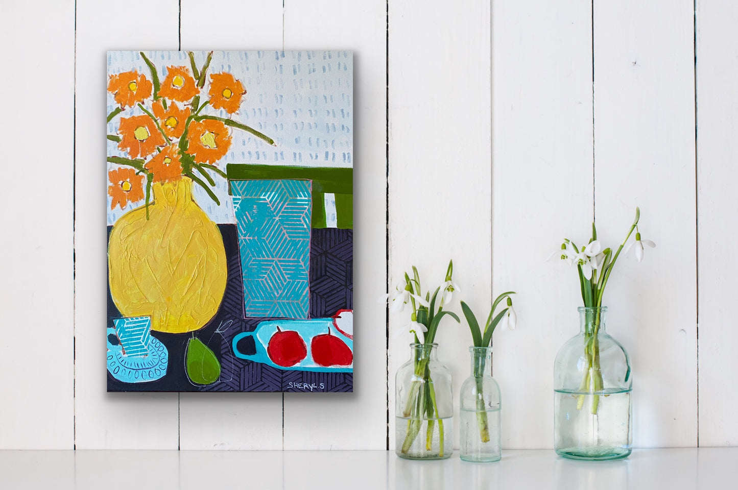 Burst of Orange Flowers / Original Still Life Wall Art / Apples with Teacup and Pear