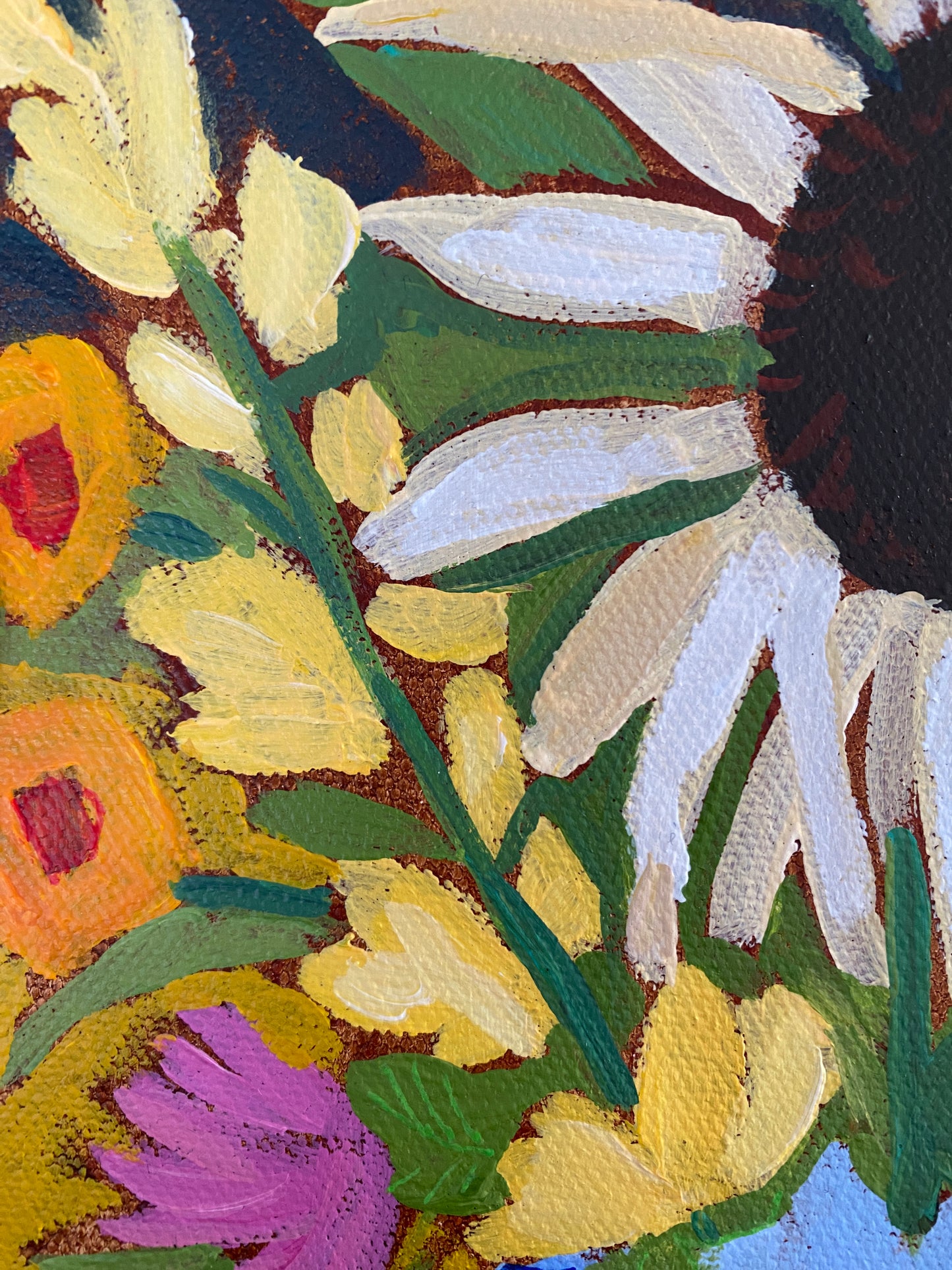 Original Wall Art / Botanical/ Sunflower, Strawflowers Sweetpeas / 8”x8” Painting on Canvas