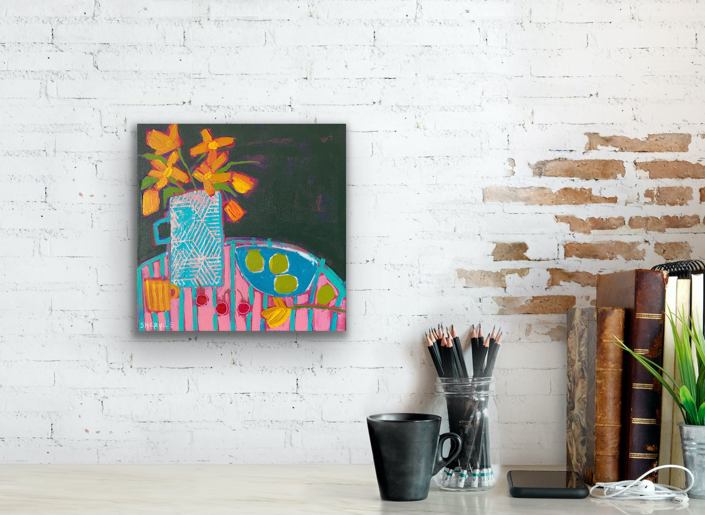 Orange Blooms with Limes and Cherries/ Still Life Original Painting 16”x16”